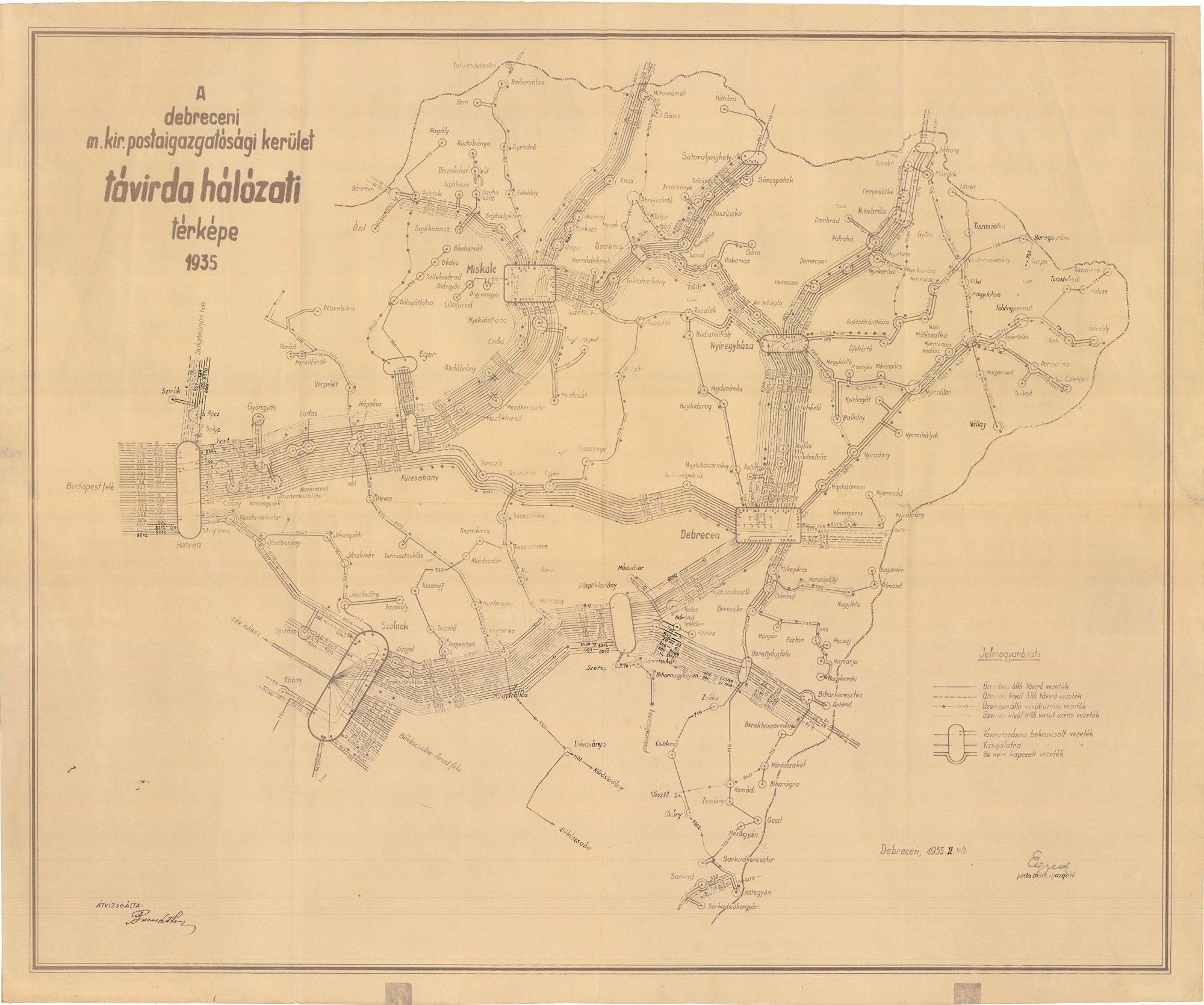 A debreceni m. kir. postaigazgatósági kerület távírdahálózati térképe, 1935 (Postamúzeum CC BY-NC-SA)
