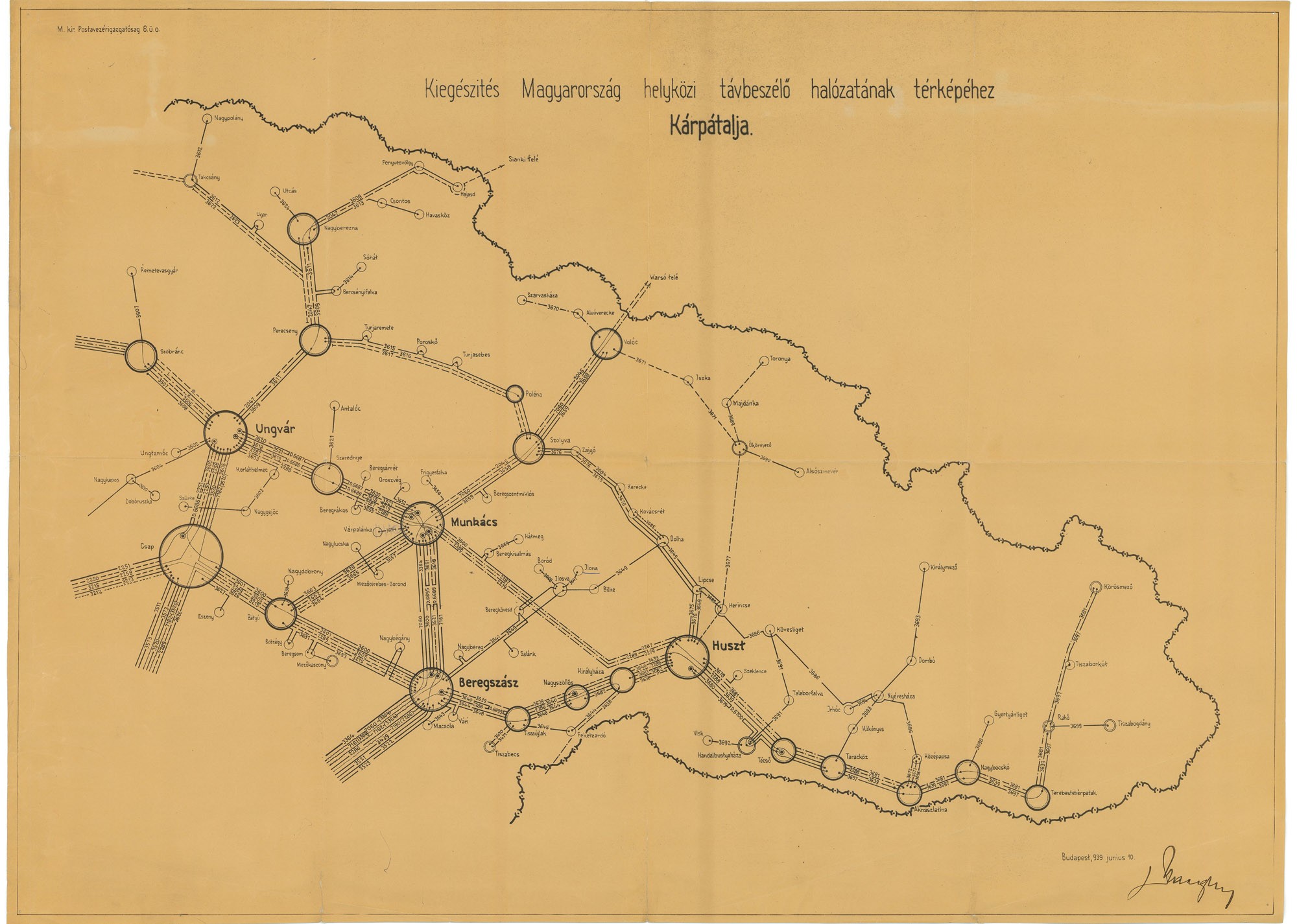 Kárpátalja – Kiegészítés Magyarország helyközi távbeszélő-hálózatának térképéhez (Postamúzeum CC BY-NC-SA)