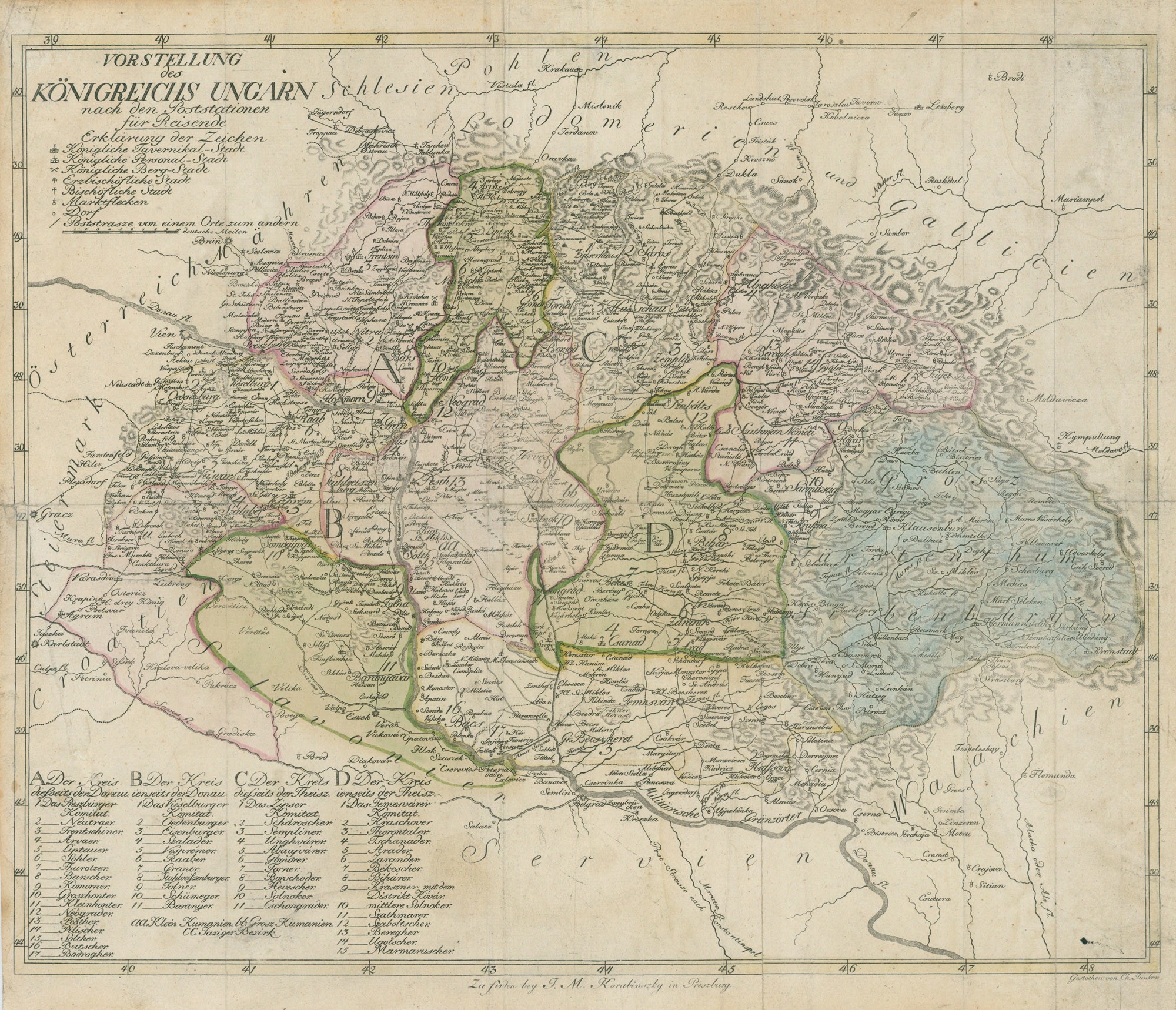 A Magyar Királyság térképe a postaállomások és útvonalak jelöléséve (Postamúzeum CC BY-NC-SA)