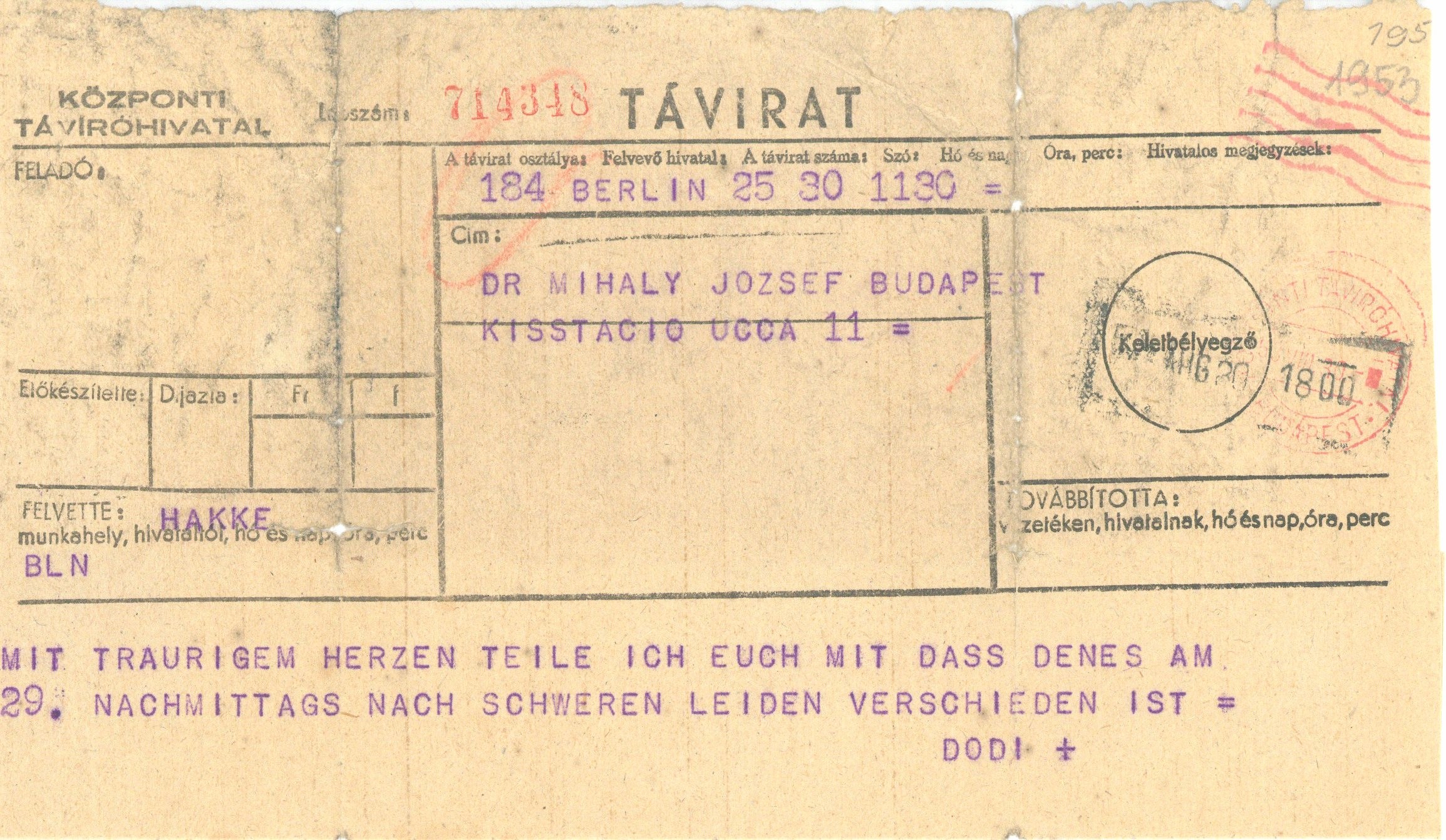 Gyásztávirat (Postamúzeum CC BY-NC-SA)