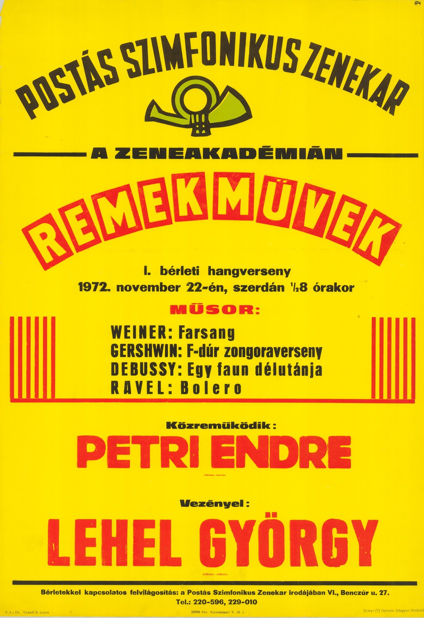 Plakát - Postás Szimfonikus Zenekar a Zeneakadémián, 1972 (Postamúzeum CC BY-NC-SA)