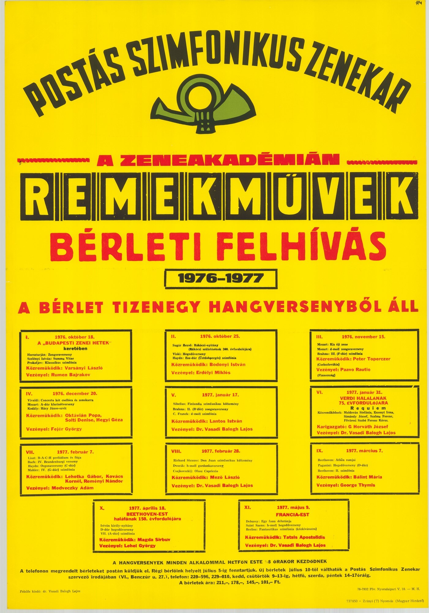Plakát - Postás Szimfonikus Zenekar a Zeneakadémián, 1976-1977 (Postamúzeum CC BY-NC-SA)