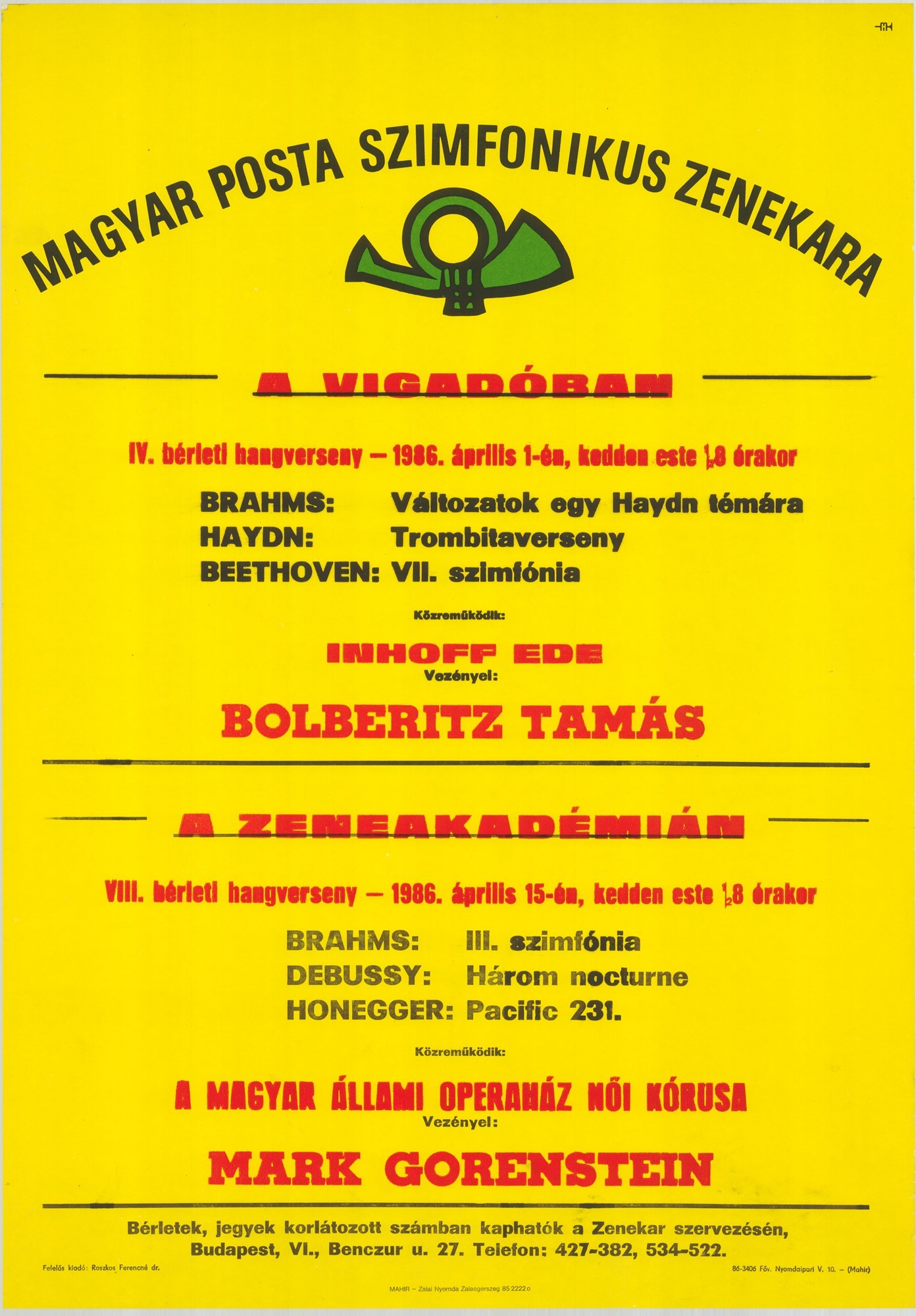 Plakát - Postás Szimfonikus Zenekar a Zeneakadémián év a Vigadóban, 1986 (Postamúzeum CC BY-NC-SA)