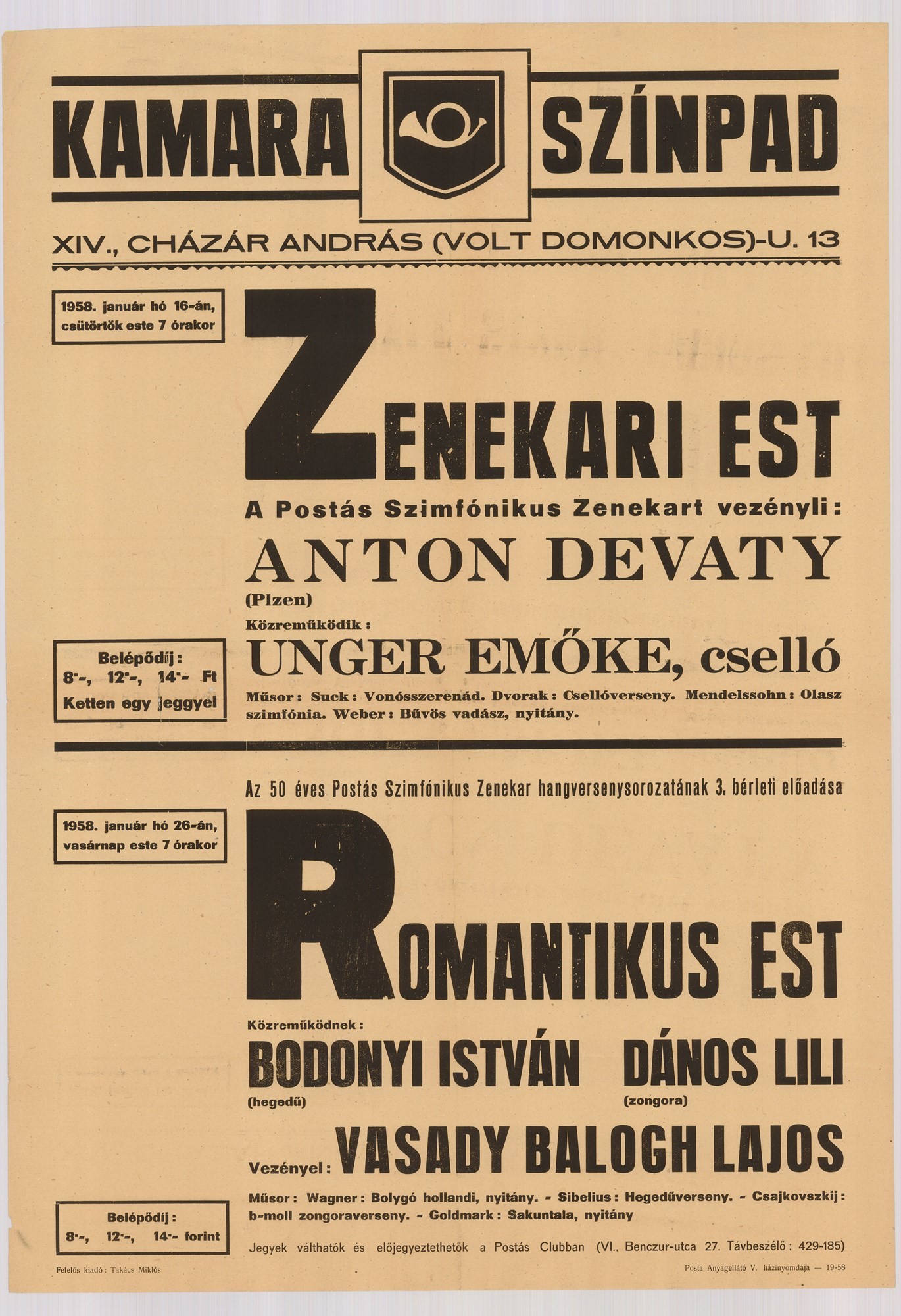 Plakát - Postás Szimfonikus Zenekar jubileumi koncertjei, 1958 (Postamúzeum CC BY-NC-SA)