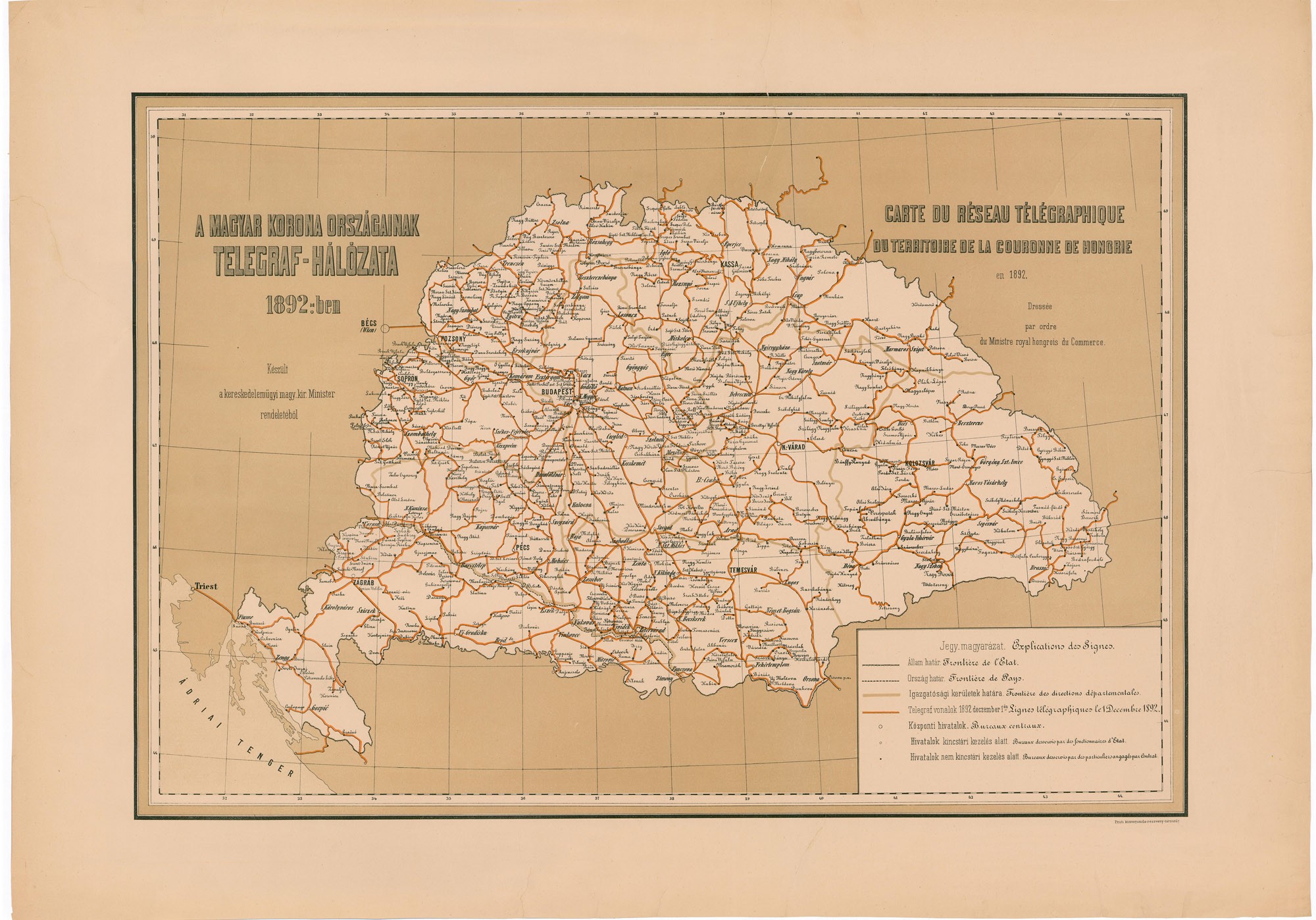A Magyar Korona országainak telegráfhálózata 1892-ben (Postamúzeum CC BY-NC-SA)