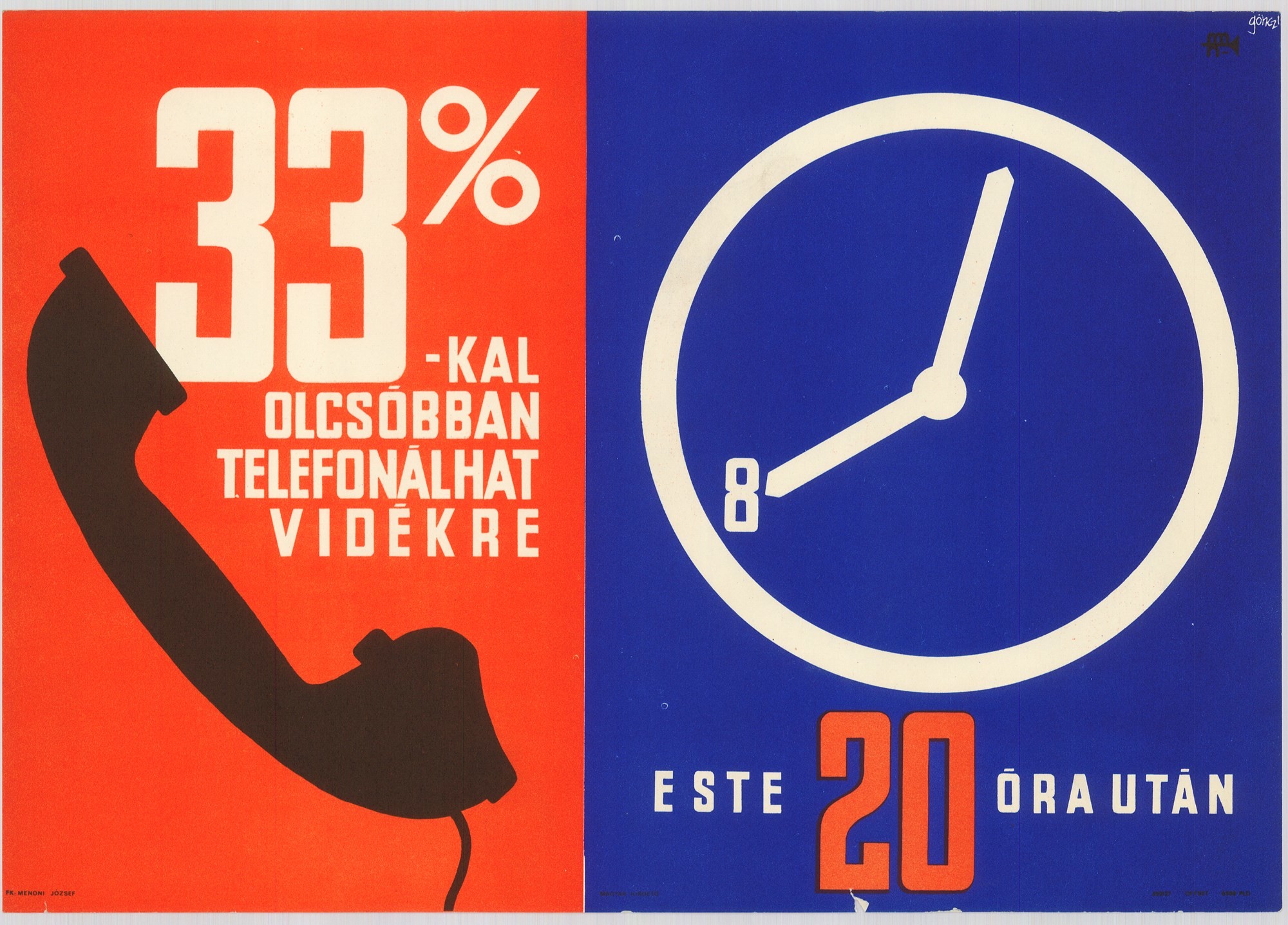 Plakát - 33%-al olcsóbban telefonálhat vidékre 20 óra után (Postamúzeum CC BY-NC-SA)