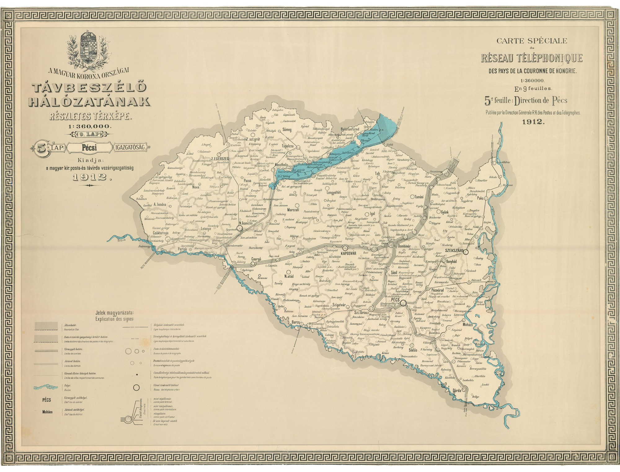 A Pécsi Igazgatóság távbeszélő-hálózatának részletes térképe (Postamúzeum CC BY-NC-SA)