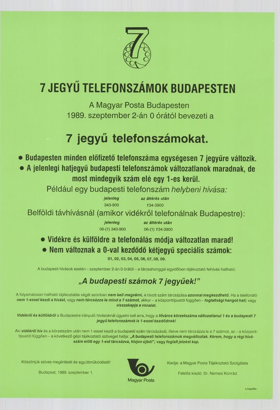 Plakát - Hétjegyű telefonszámokról, 1989 (Postamúzeum CC BY-NC-SA)