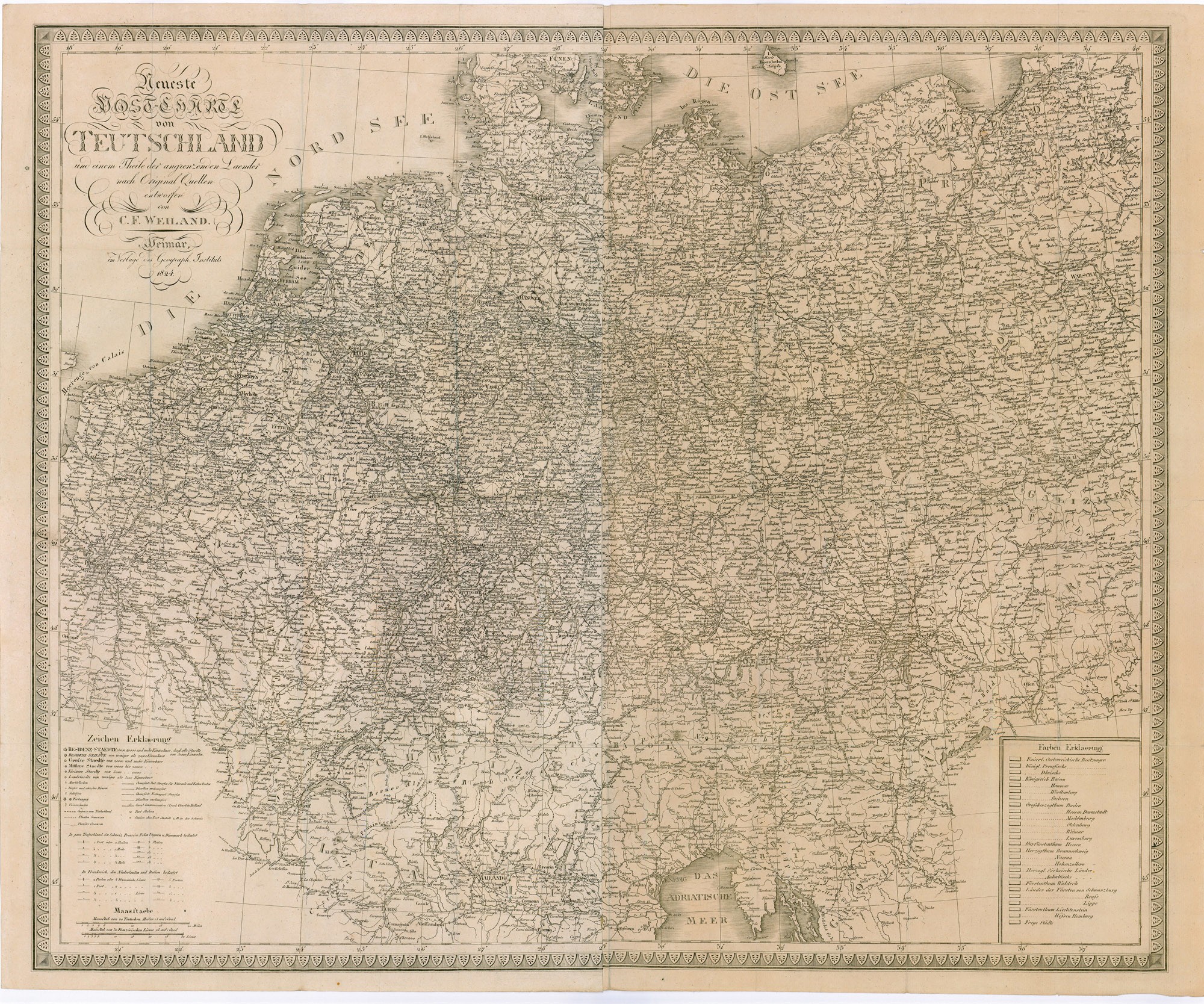 Németország és a környező államok legújabb postatérképe, 1824 (Postamúzeum CC BY-NC-SA)