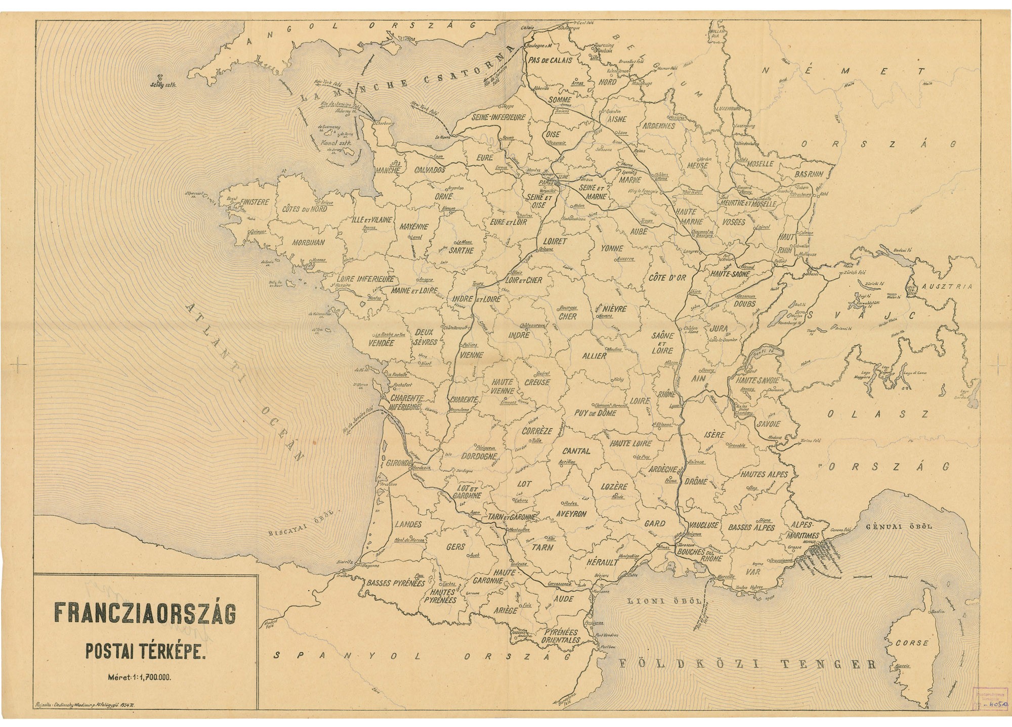 Franciaország postai térképe, 1934 (Postamúzeum CC BY-NC-SA)