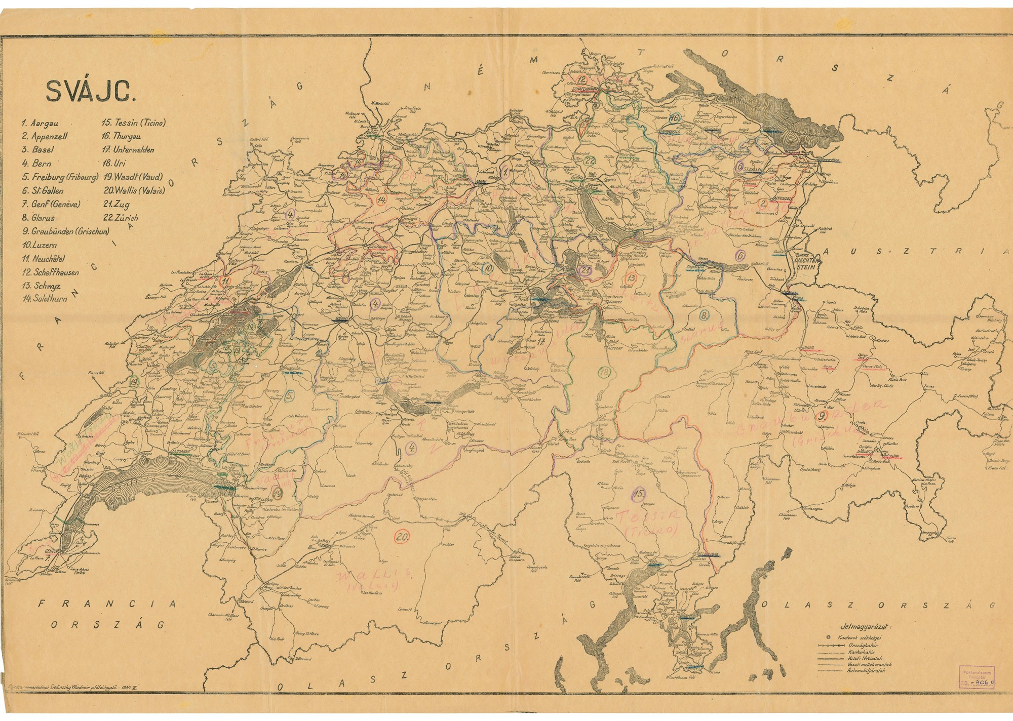 Svájc térképe, 1934 (Postamúzeum CC BY-NC-SA)