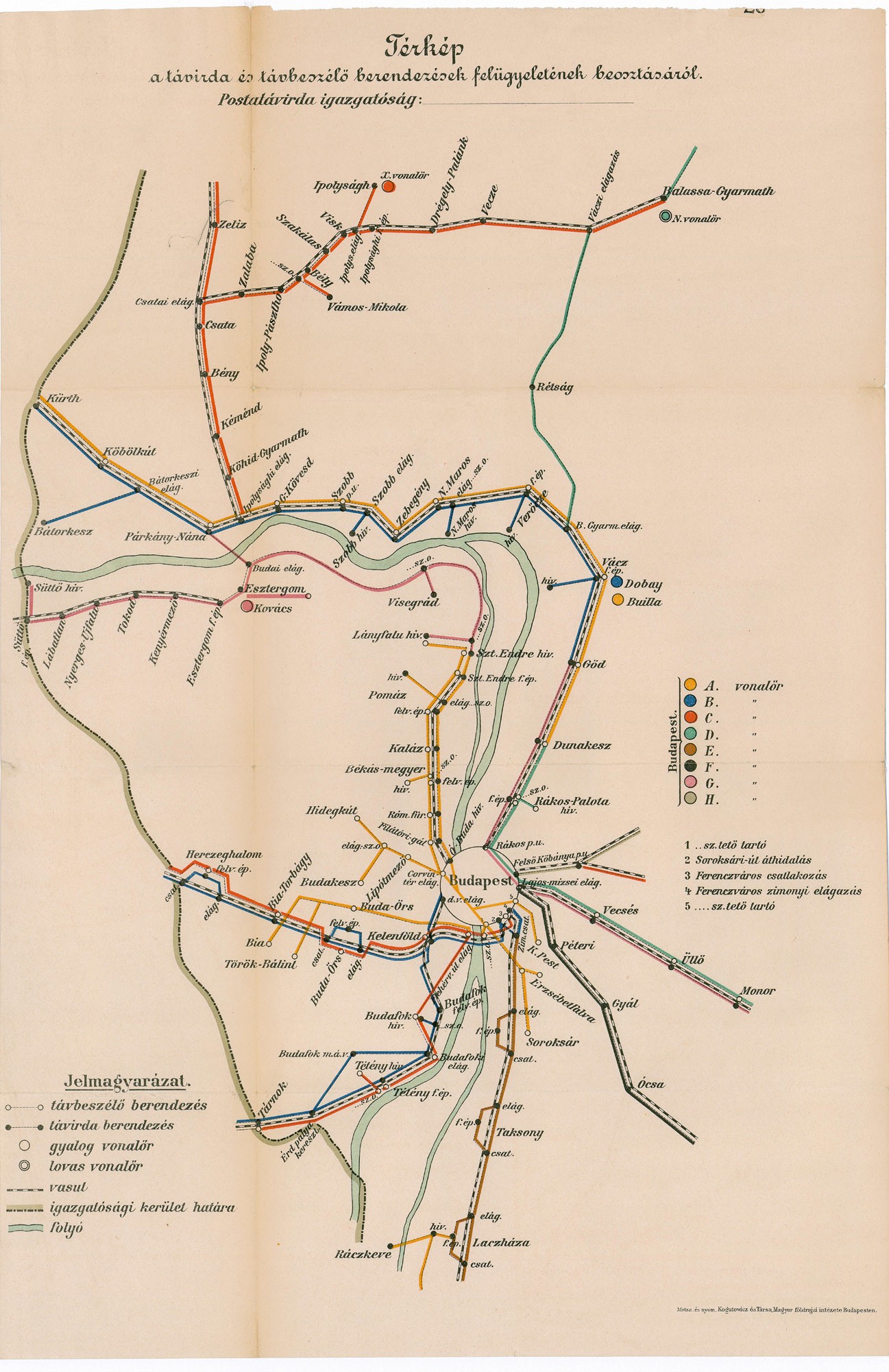 Térkép a távírda és távbeszélő berendezések felügyeletének beosztásáról (Budapest környéke) (Postamúzeum CC BY-NC-SA)