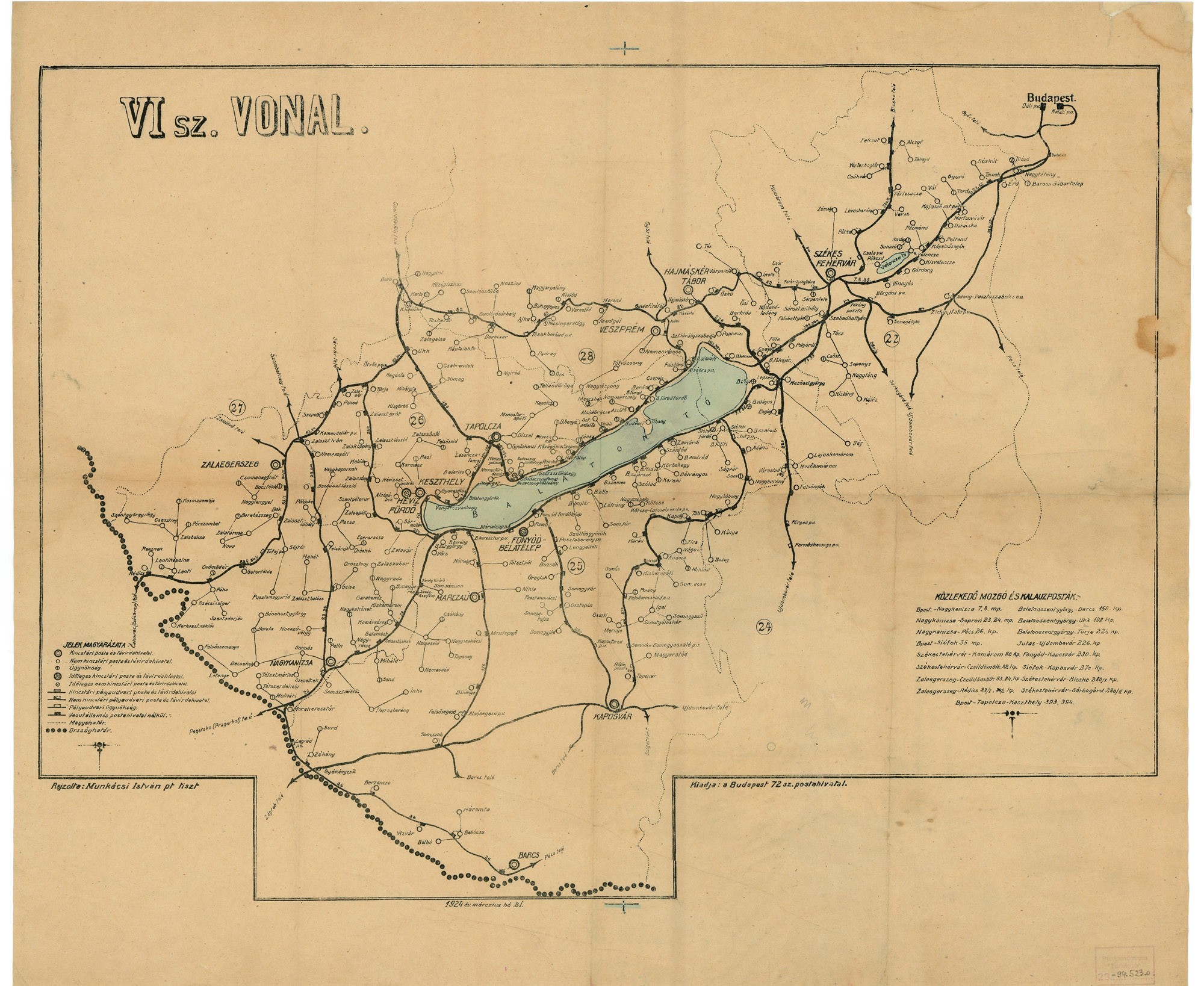 Mozgó- és kalauzposták térképe – VI. sz. vonal, 1924 (Postamúzeum CC BY-NC-SA)
