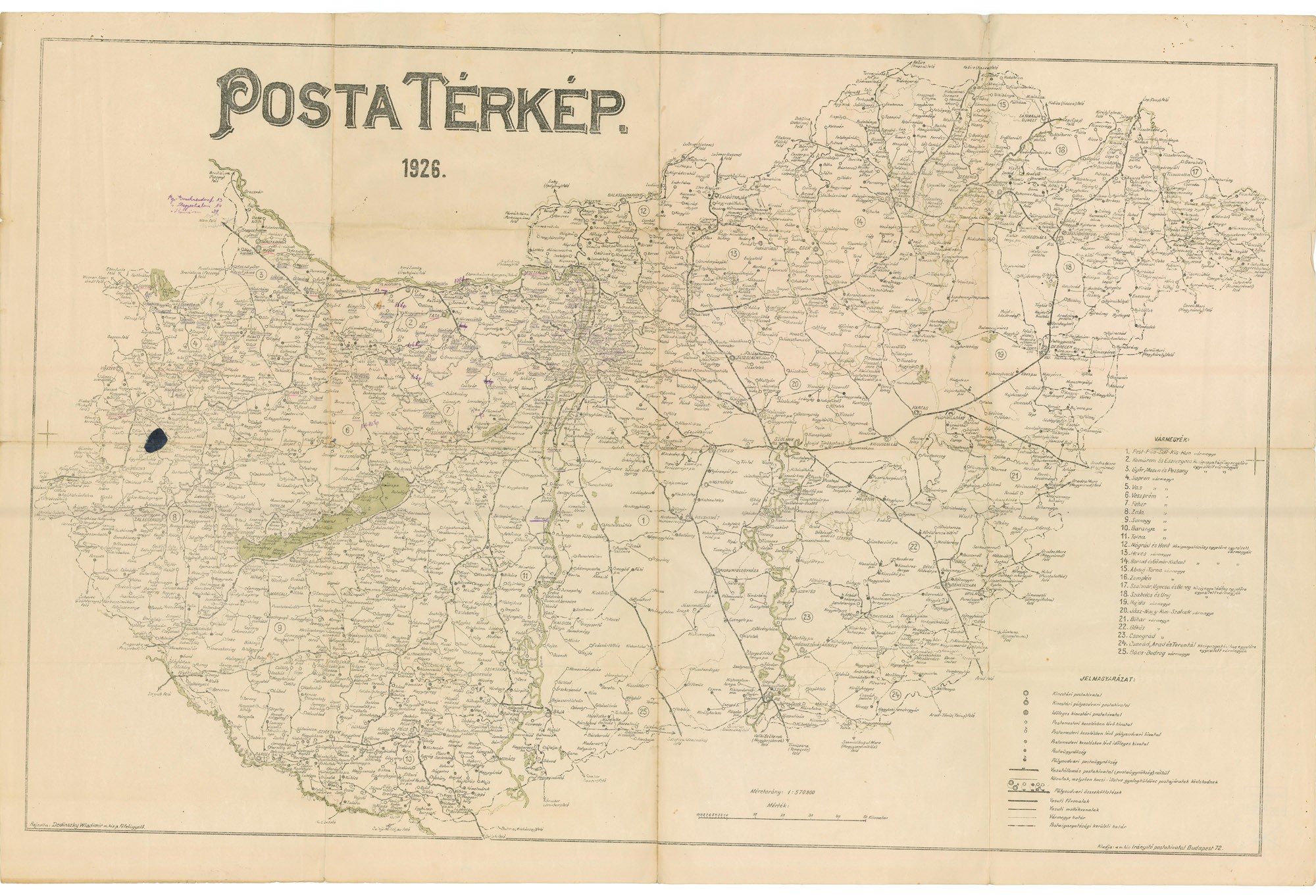 Magyarország postatérképe, 1926 (Postamúzeum CC BY-NC-SA)