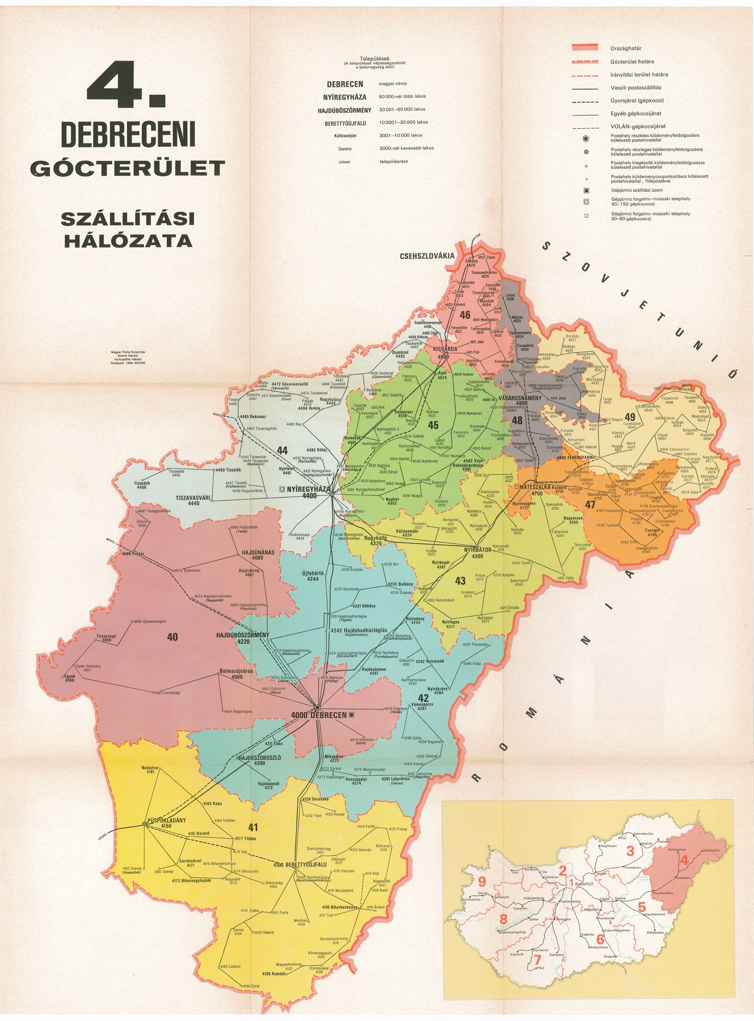 A debreceni gócterület szállítási térképe, 1988 (Postamúzeum CC BY-NC-SA)