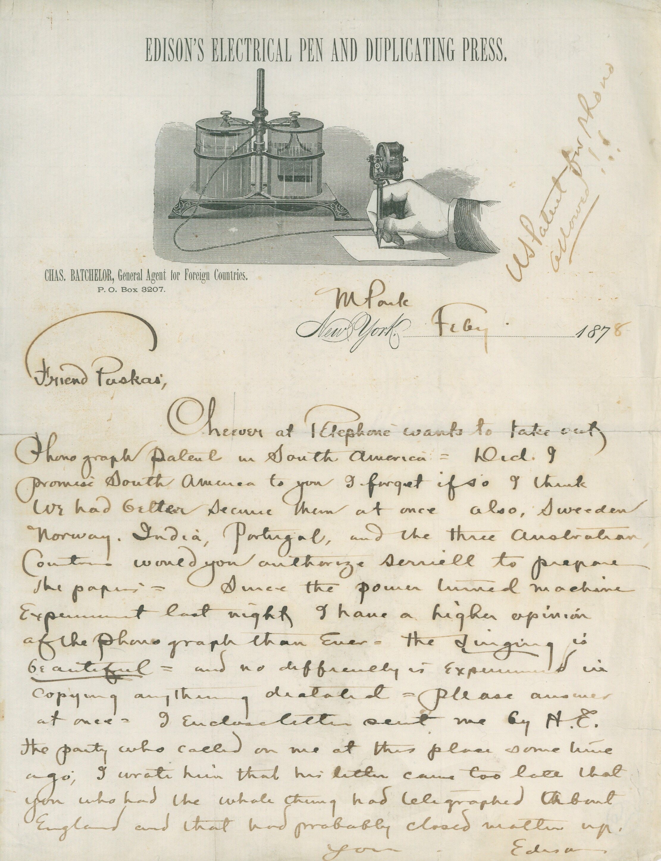 Puskáshoz írt levél Edisontól (Postamúzeum CC BY-NC-SA)