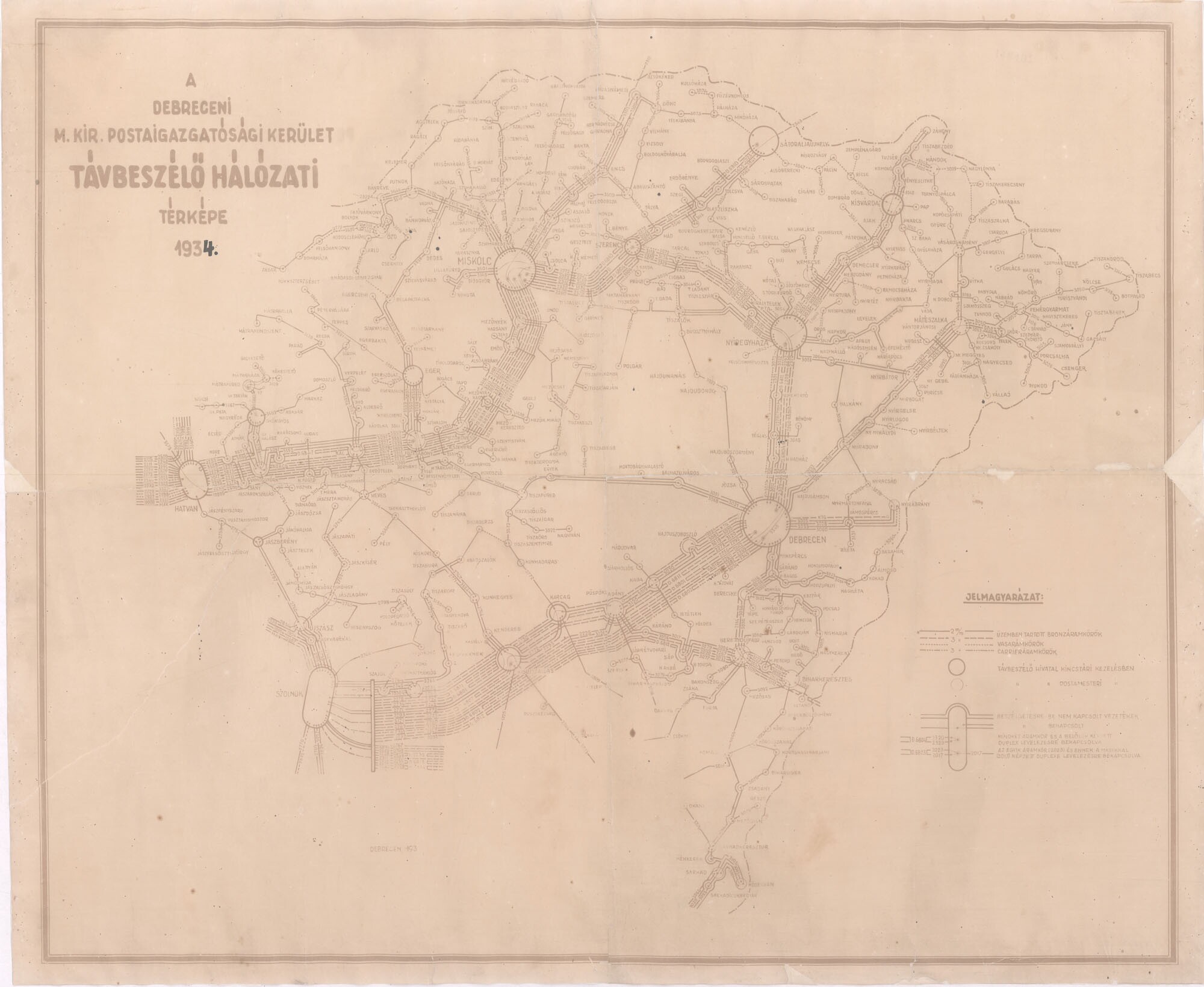 A debreceni m. kir. postaigazgatósági kerület távbeszélő-hálózati térképe, 1934 (Postamúzeum CC BY-NC-SA)