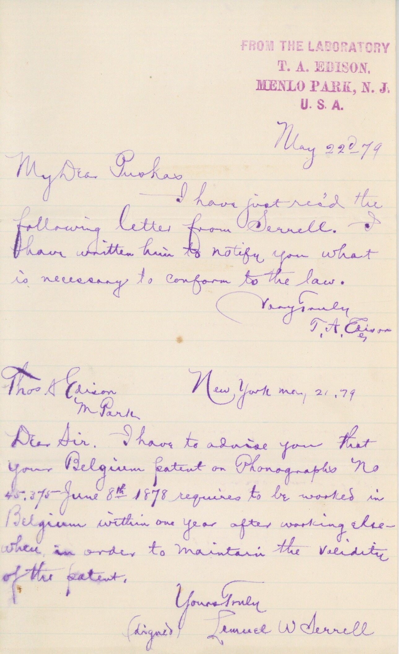 Edison levele, belgiumi szabadalom (Postamúzeum CC BY-NC-SA)