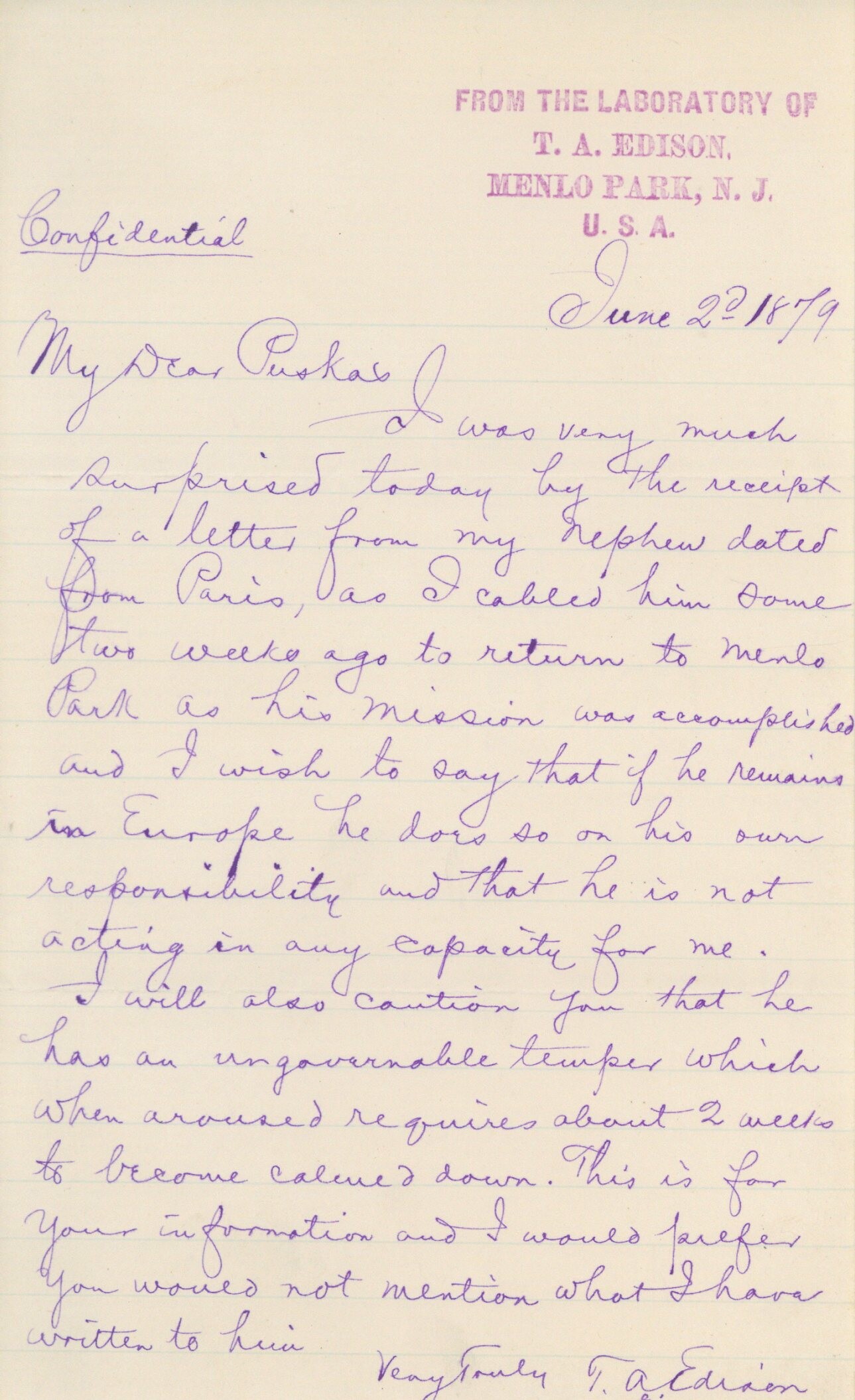 Edison bizalmas levele (Postamúzeum CC BY-NC-SA)
