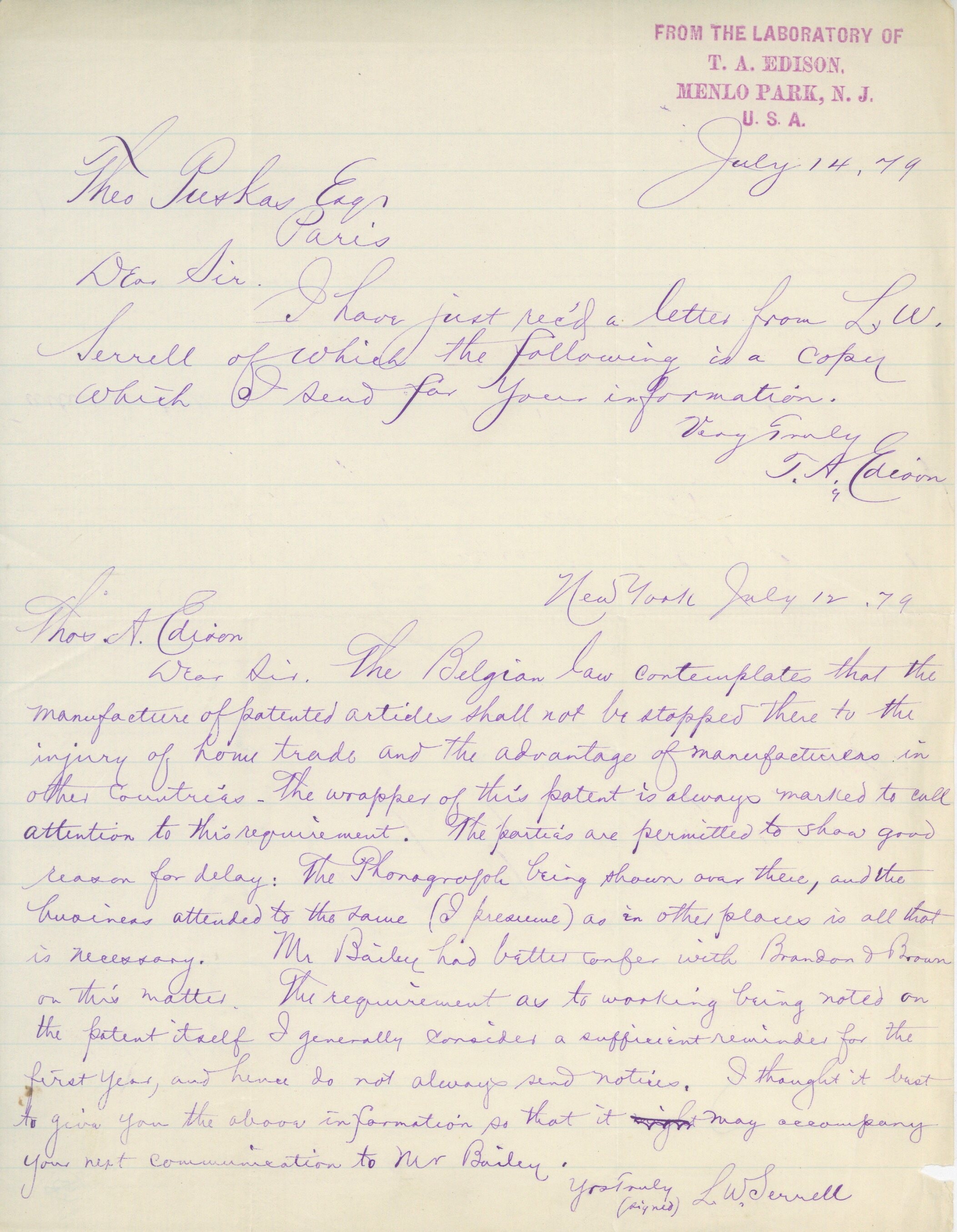 L. W. Serrell levelének másolata (Postamúzeum CC BY-NC-SA)