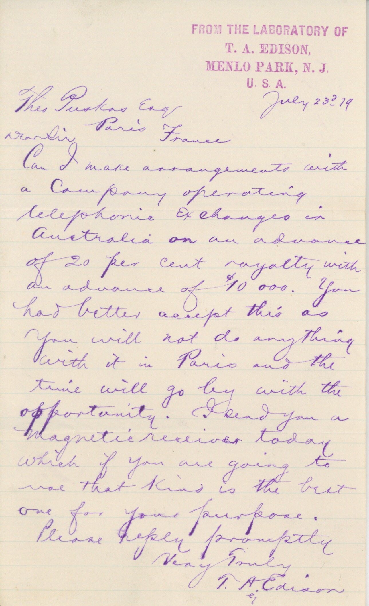 Edison levele szabadalomról (Postamúzeum CC BY-NC-SA)