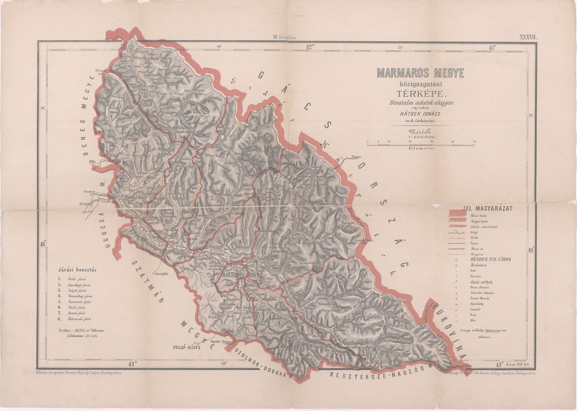 Máramaros megye közigazgatási térképe (Postamúzeum CC BY-NC-SA)