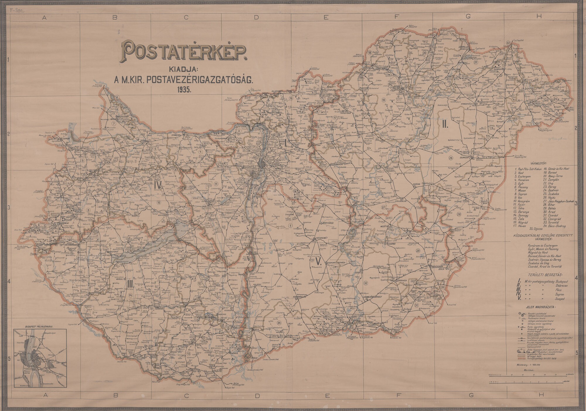Magyarország postajárati térképe, 1935 (Postamúzeum CC BY-NC-SA)