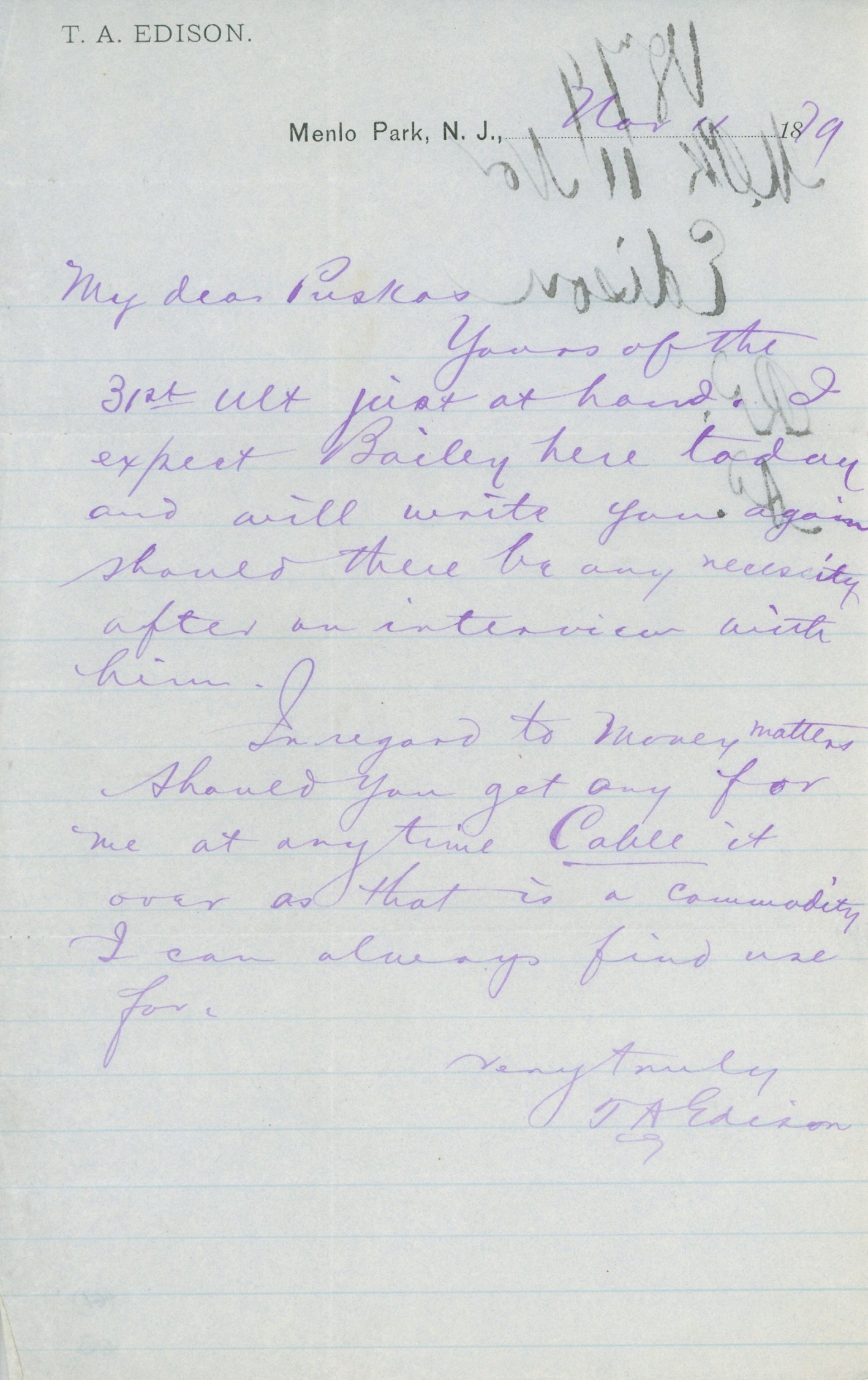 Edison levele Bailey látogatásáról (Postamúzeum CC BY-NC-SA)