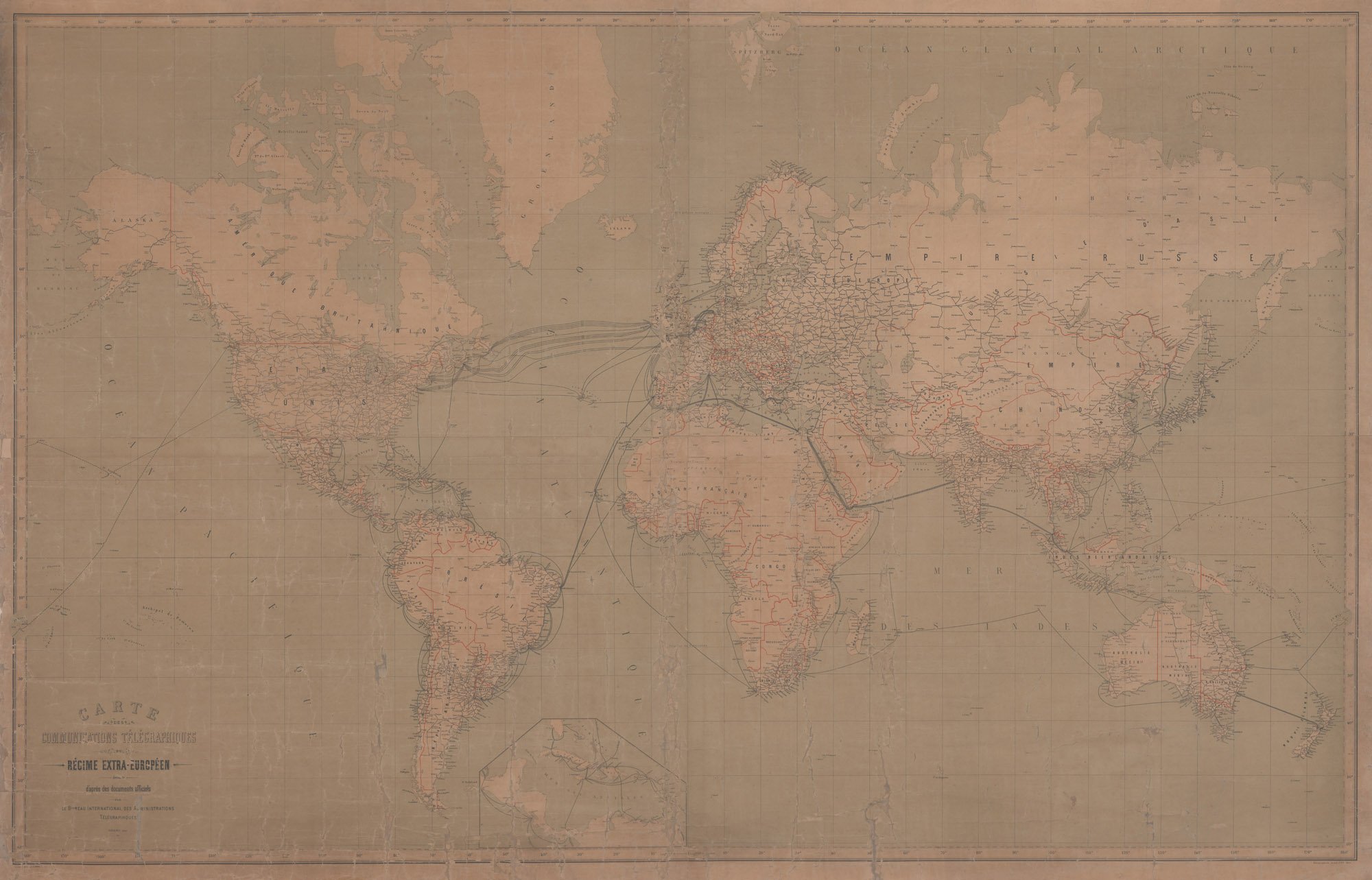 Az Európán kívüli országok távíró-hálózatának világtérképe, 1902 (Postamúzeum CC BY-NC-SA)