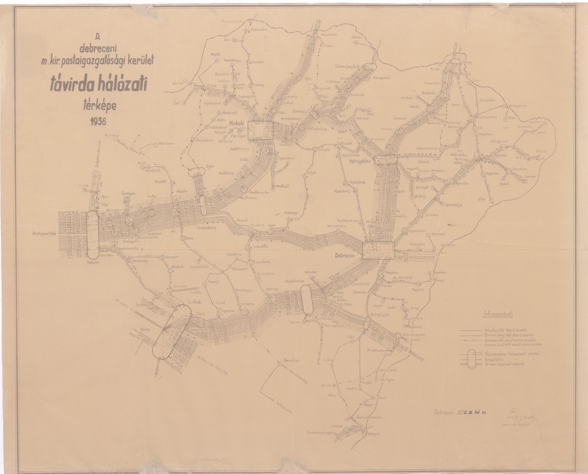 A debreceni magyar királyi postaigazgatósági kerület távírdahálózati térképe, 1936 (Postamúzeum CC BY-NC-SA)