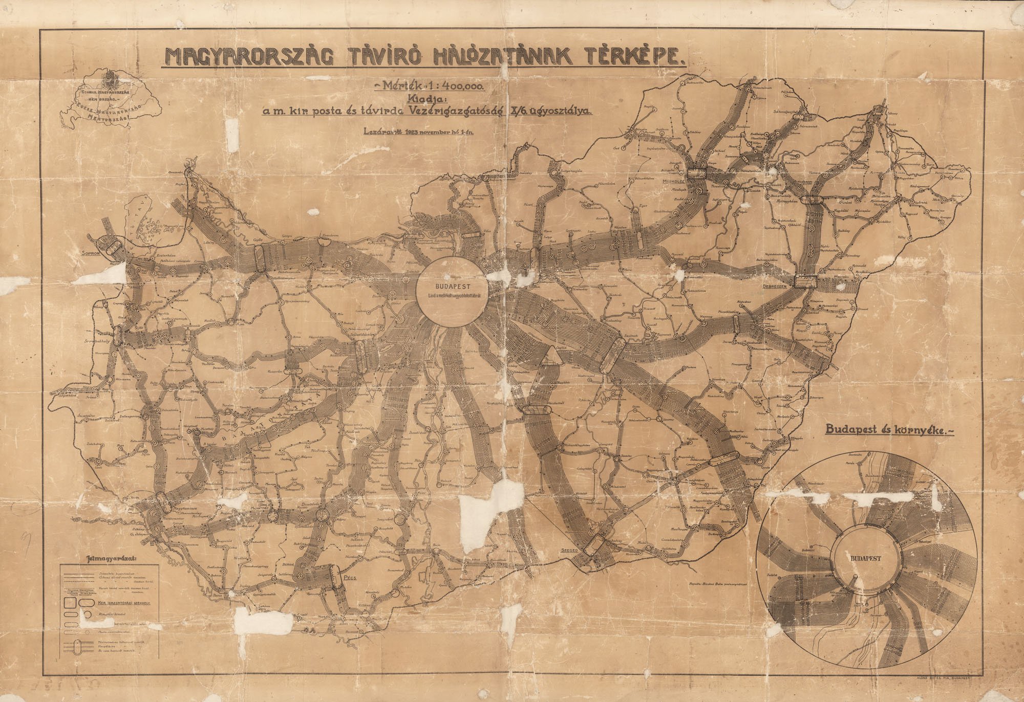 Magyarország távíró-hálózatának térképe, 1923 (Postamúzeum CC BY-NC-SA)