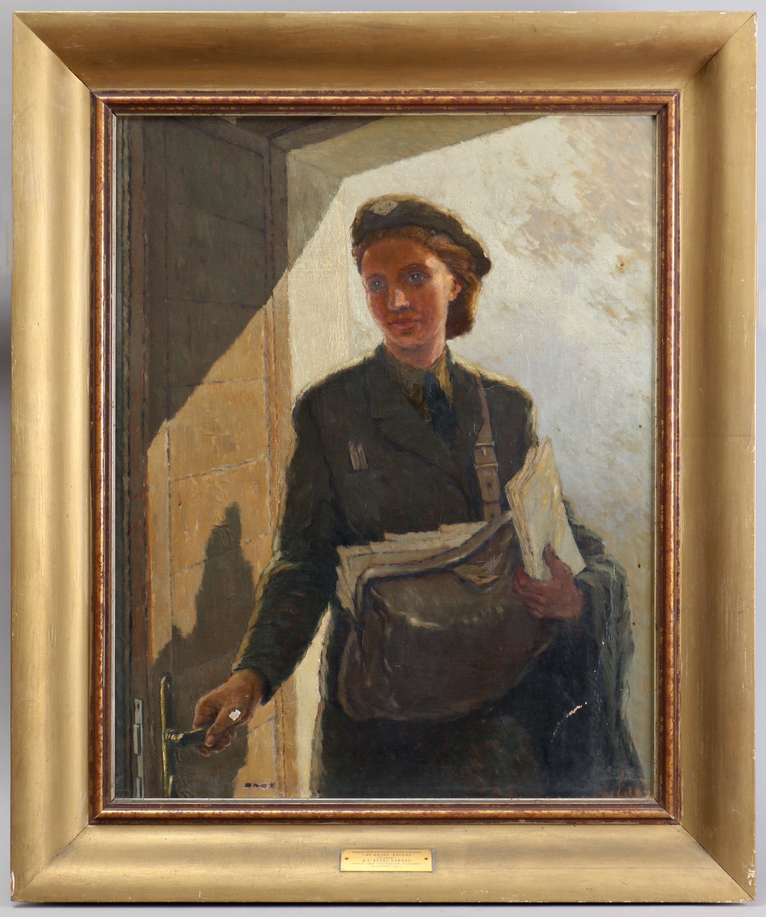 Dobry den című, postásnőt ábrázoló kép (Postamúzeum CC BY-NC-SA)