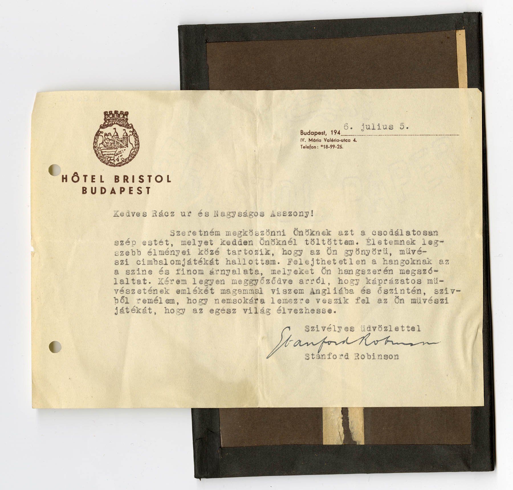 Stanford Robinson karmester levele (Zenetörténeti Múzeum CC BY-NC-SA)