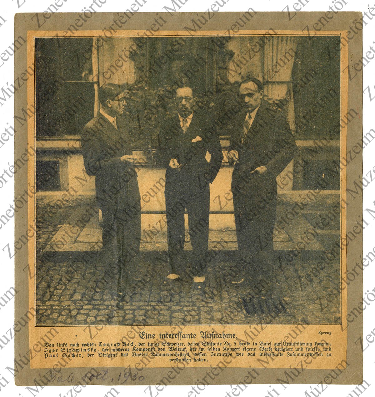 Conrad Beck, Igor Stravinsky és Paul Sacher fényképe (újságkivágás) (Zenetörténeti Múzeum CC BY-NC-SA)
