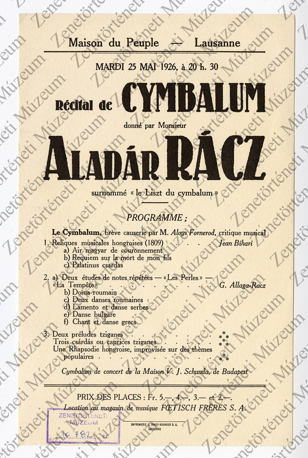 Rácz Aladár 1929. május 25-i, Maison du Peuple-beli (Lausanne) koncertjének műsorlapja (Zenetörténeti Múzeum CC BY-NC-SA)