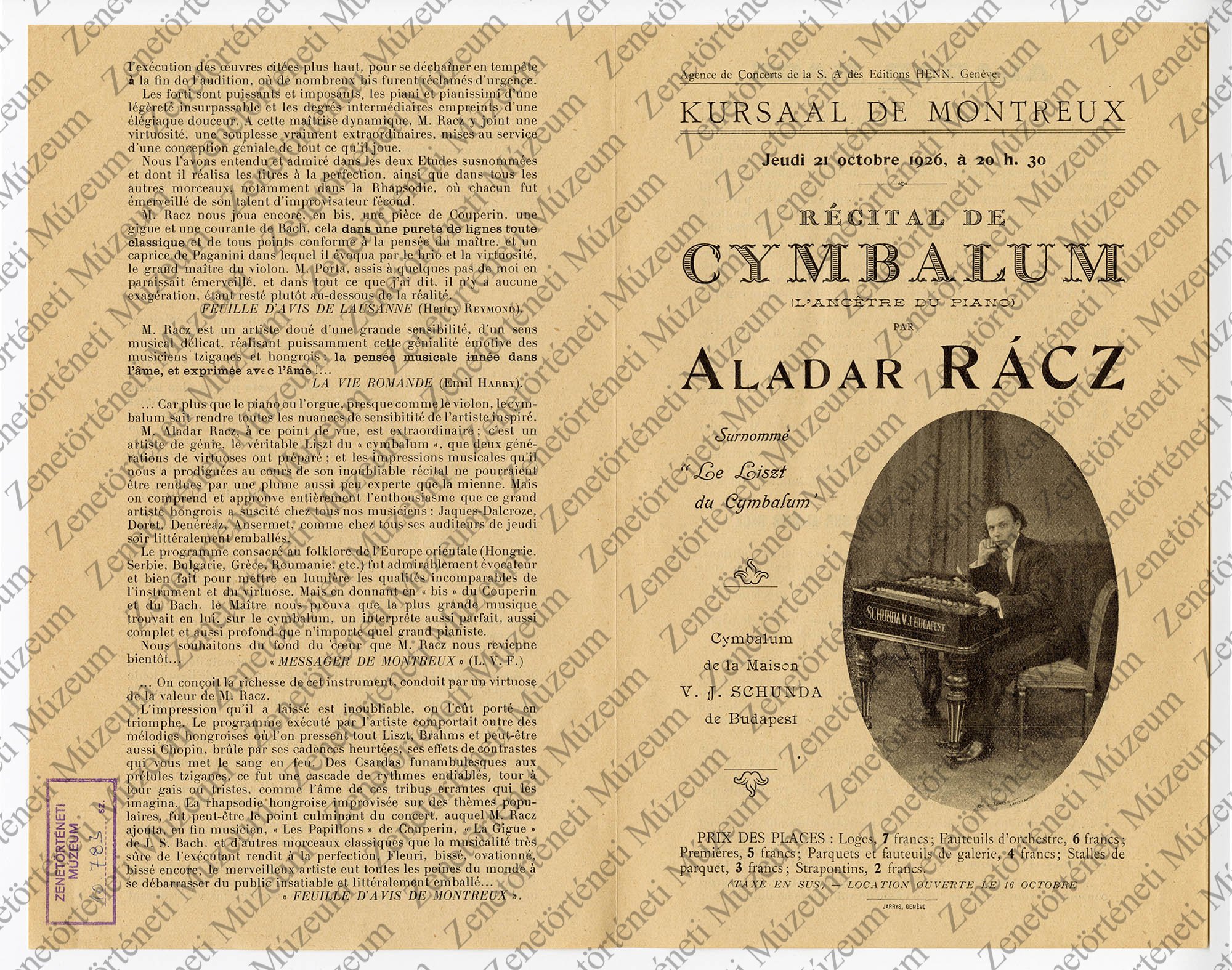 Rácz Aladár 1926. október 21-i Kursaal de Montreux-beli koncertjének hirdetése (Zenetörténeti Múzeum CC BY-NC-SA)