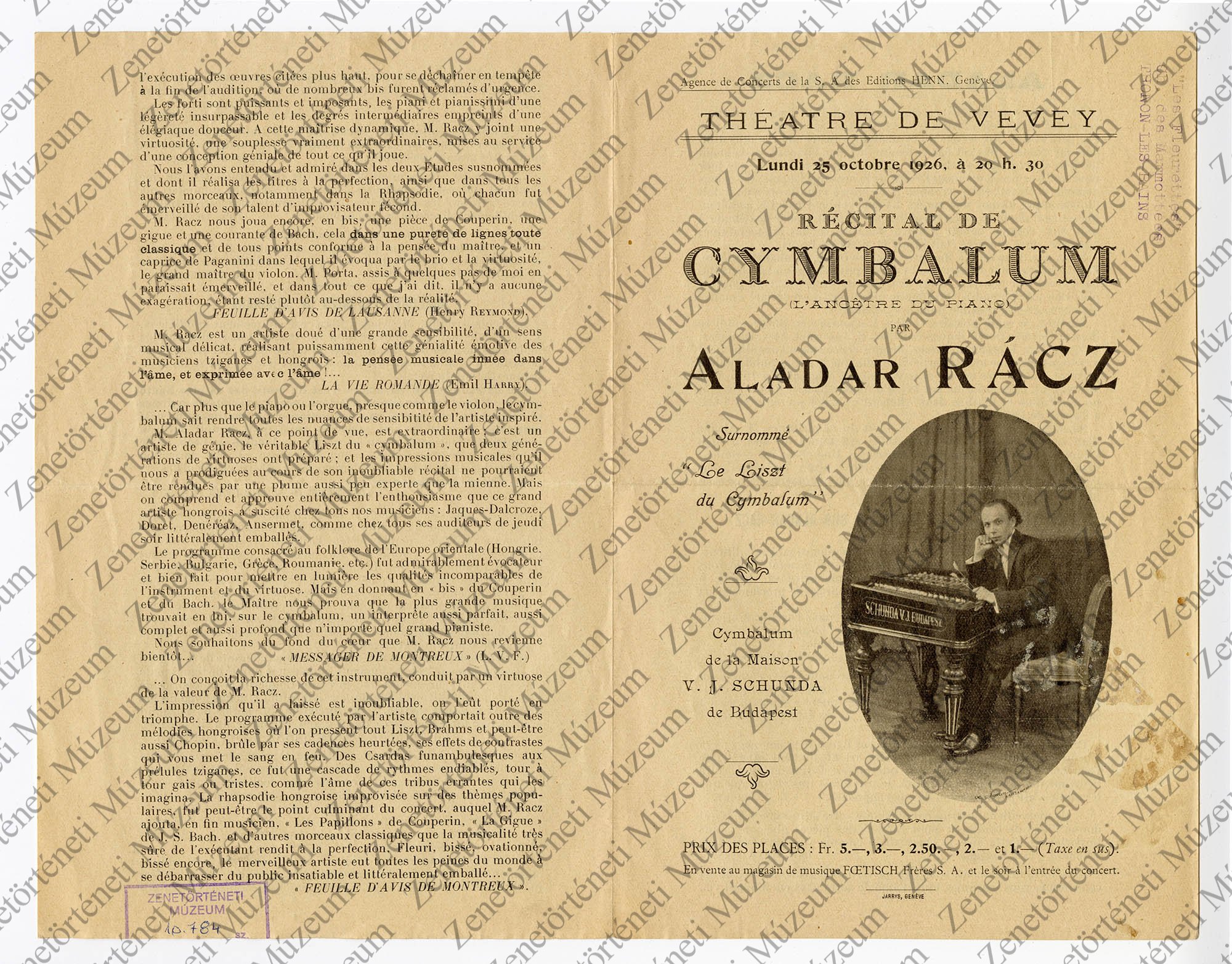 Rácz Aladár 1926. október 25-i Theatre de Vevey-beli koncertjének hirdetése (Zenetörténeti Múzeum CC BY-NC-SA)
