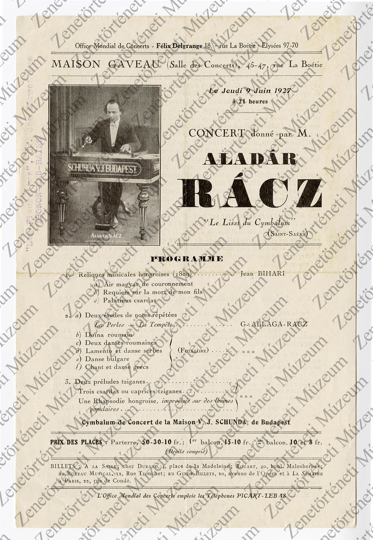 Rácz Aladár 1927. június 9-i Maison Gaveau-beli párizsi koncertjének műsorlapja (Zenetörténeti Múzeum CC BY-NC-SA)