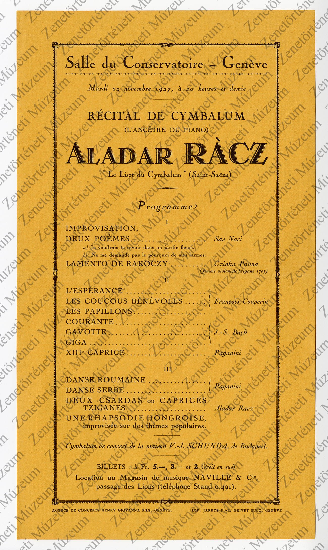 Rácz Aladár 1927. nov. 22-i koncertjének műsorlapja (Salle du Conservatorie, Genf) (Zenetörténeti Múzeum CC BY-NC-SA)