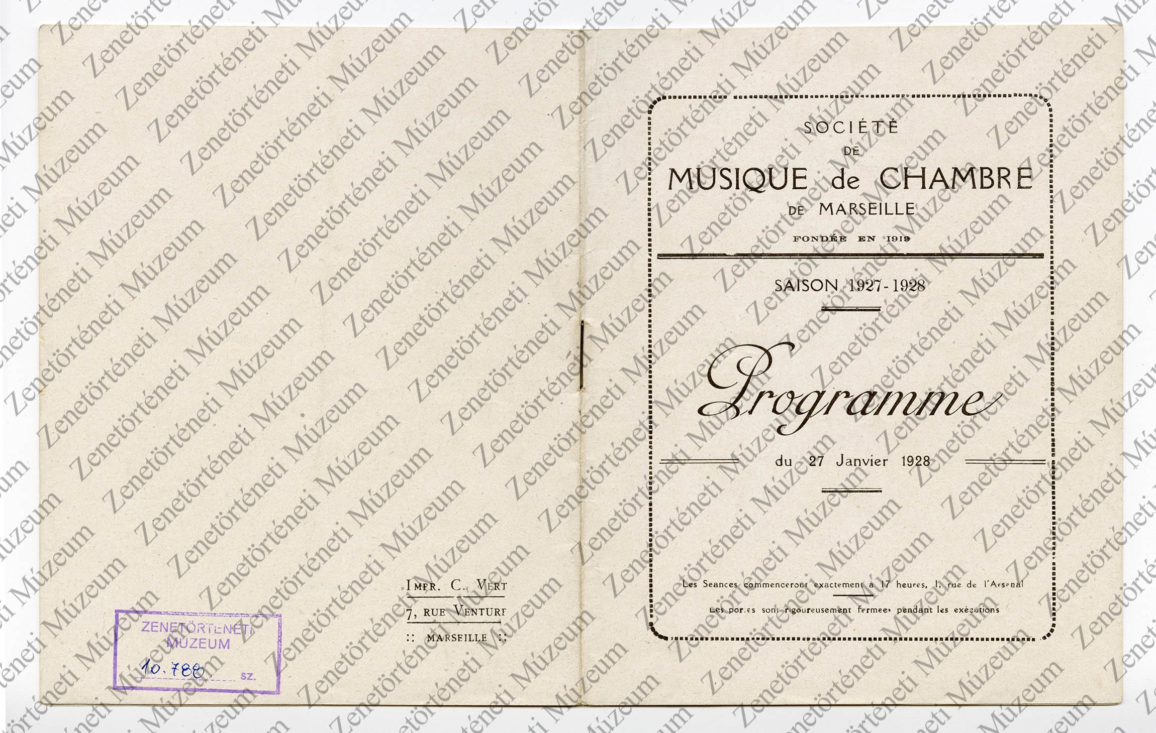 Rácz Aladár 1928. jan. 27-i marseille-i koncertjének műsorfüzete (Zenetörténeti Múzeum CC BY-NC-SA)