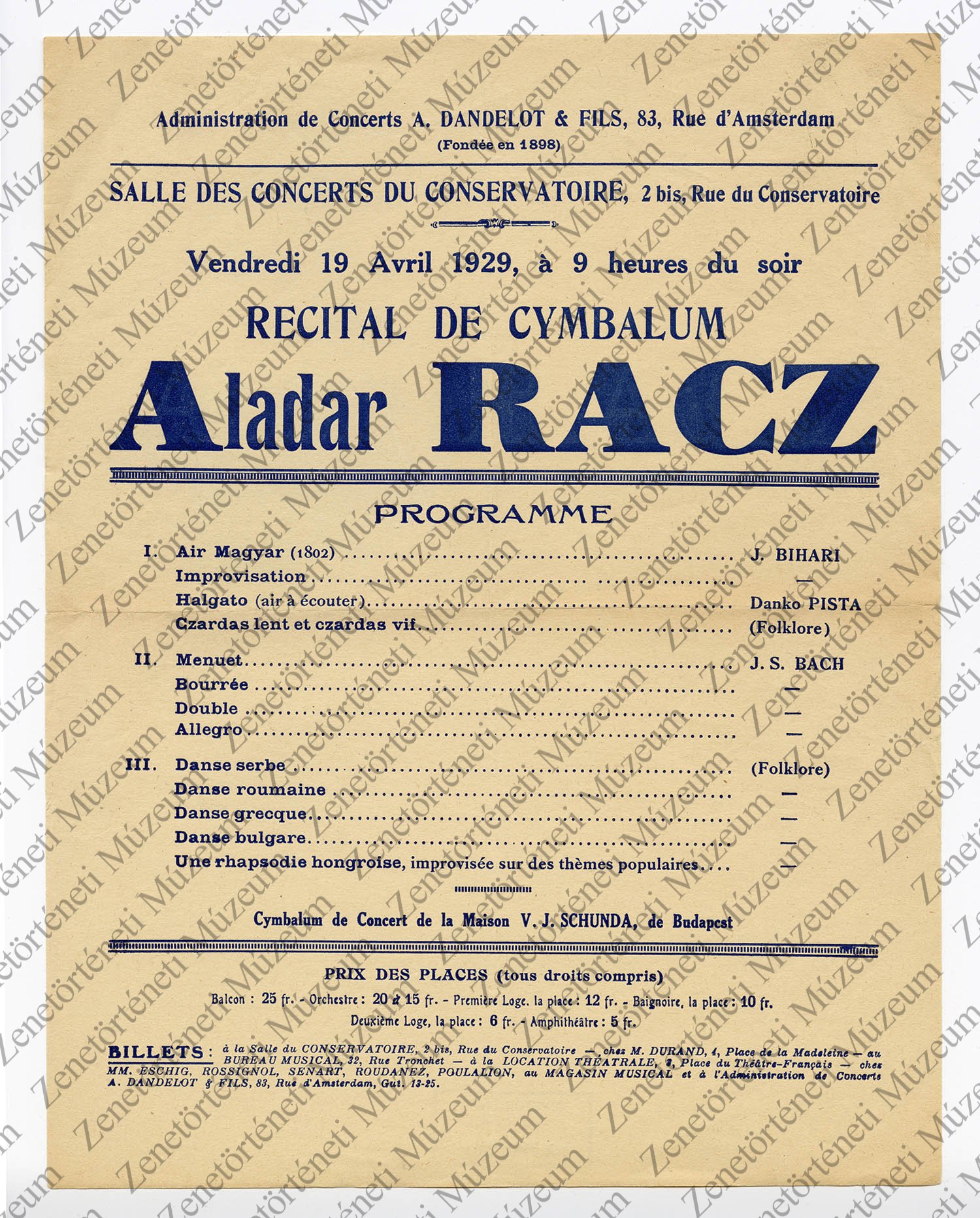 Rácz Aladár 1929. április 19-i koncertjének plakátja, Párizs (Zenetörténeti Múzeum CC BY-NC-SA)