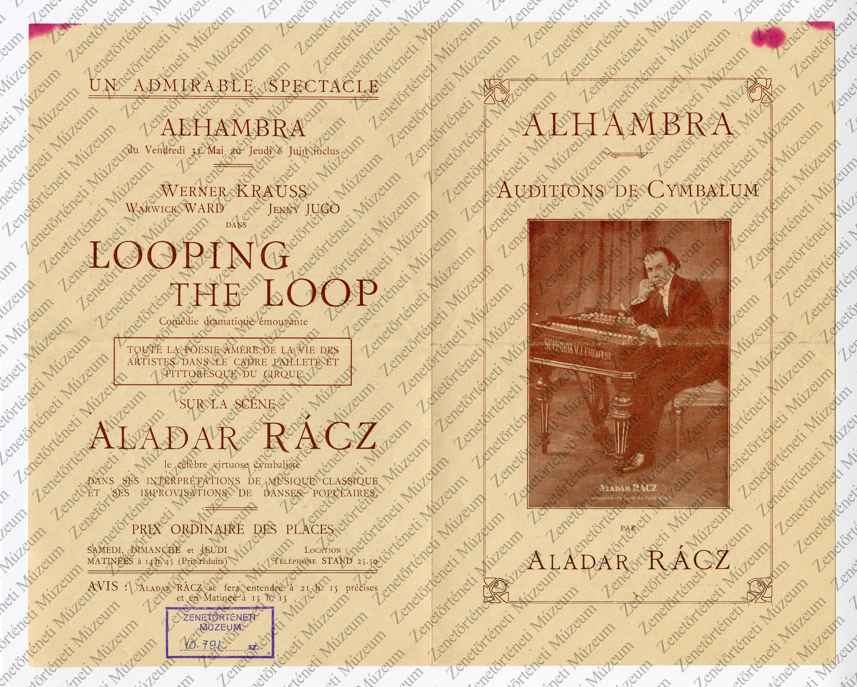 Rácz Aladár 1929. máj.31-i és jún. 6-i Alhambra-beli koncertjének hirdetőfüzete (Zenetörténeti Múzeum CC BY-NC-SA)