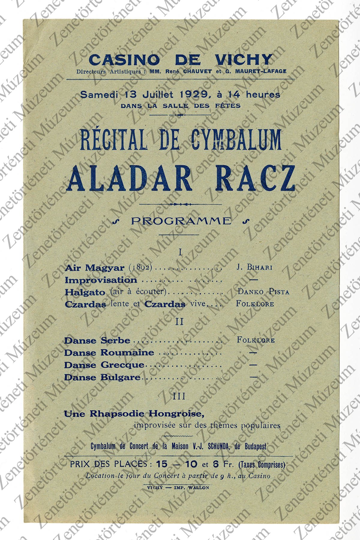 Rácz Aladár 1929. júl. 13-i koncertjének műsorlapja, Vichy (Zenetörténeti Múzeum CC BY-NC-SA)