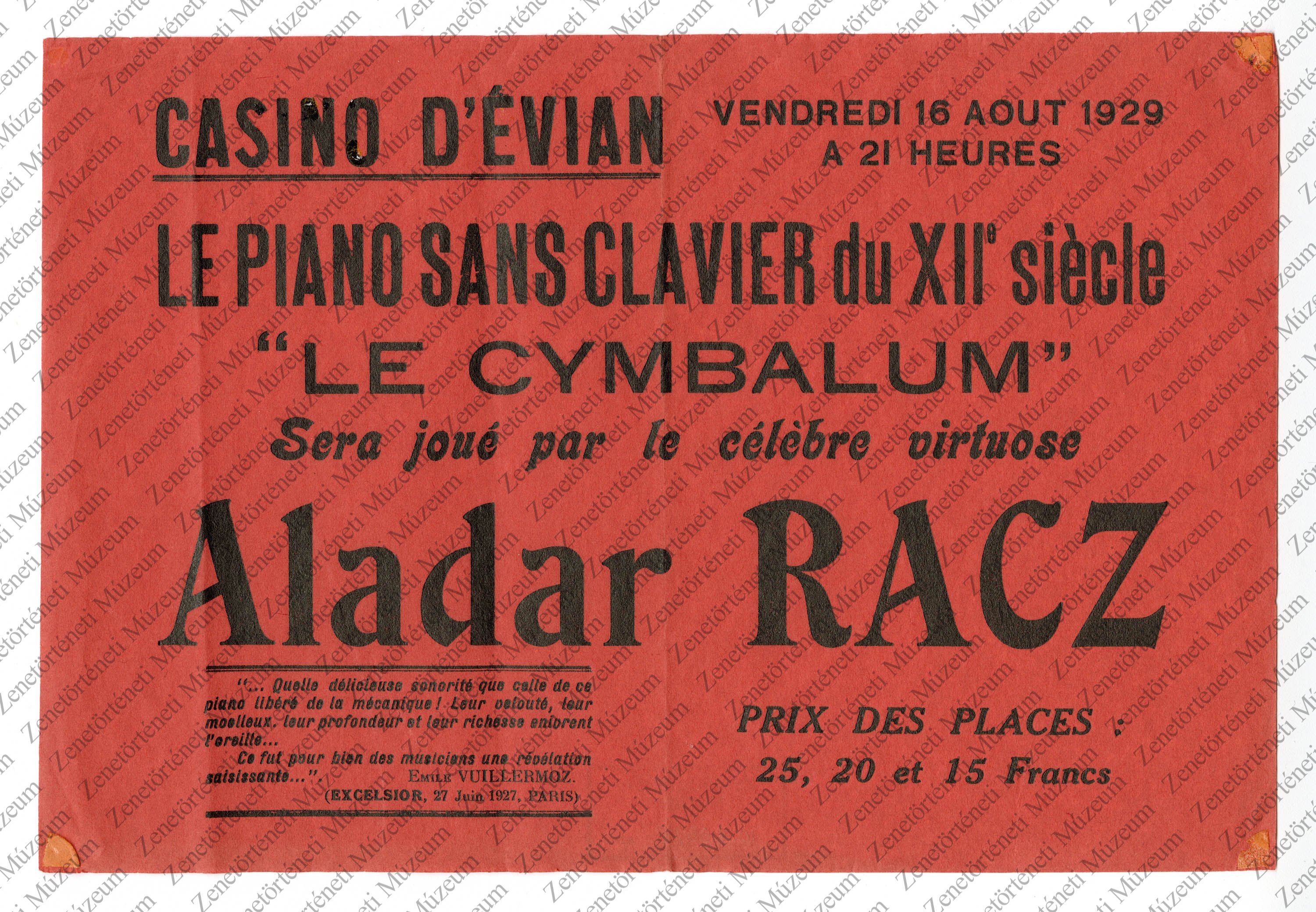 Rácz Aladár 1929. aug. 16-i Casino d'Evian-beli koncertjének plakátja (1) (Zenetörténeti Múzeum CC BY-NC-SA)