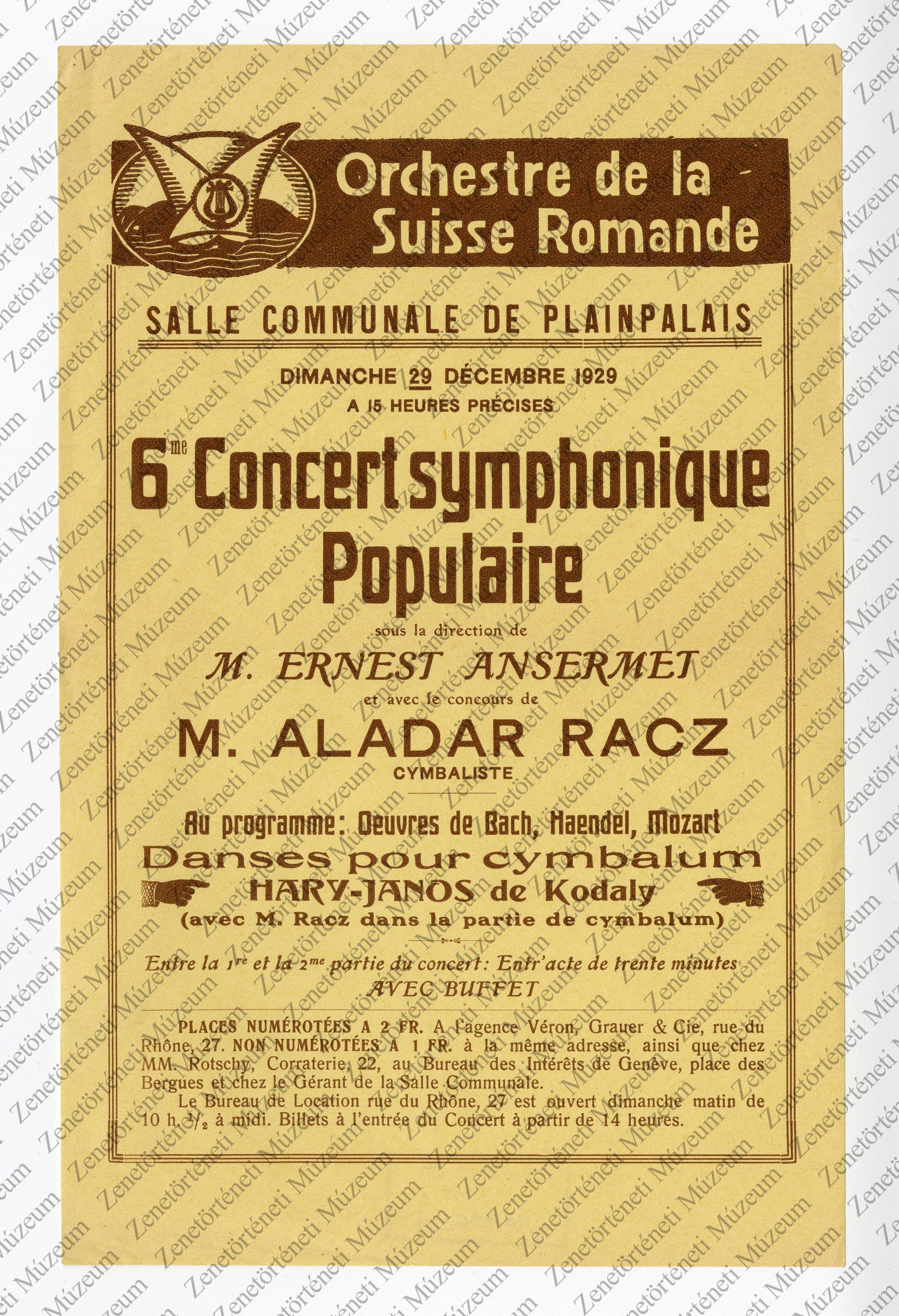 A Suisse Romande zenekar 1929. dec. 29-i svájci koncertjének műsorlapja (Zenetörténeti Múzeum CC BY-NC-SA)