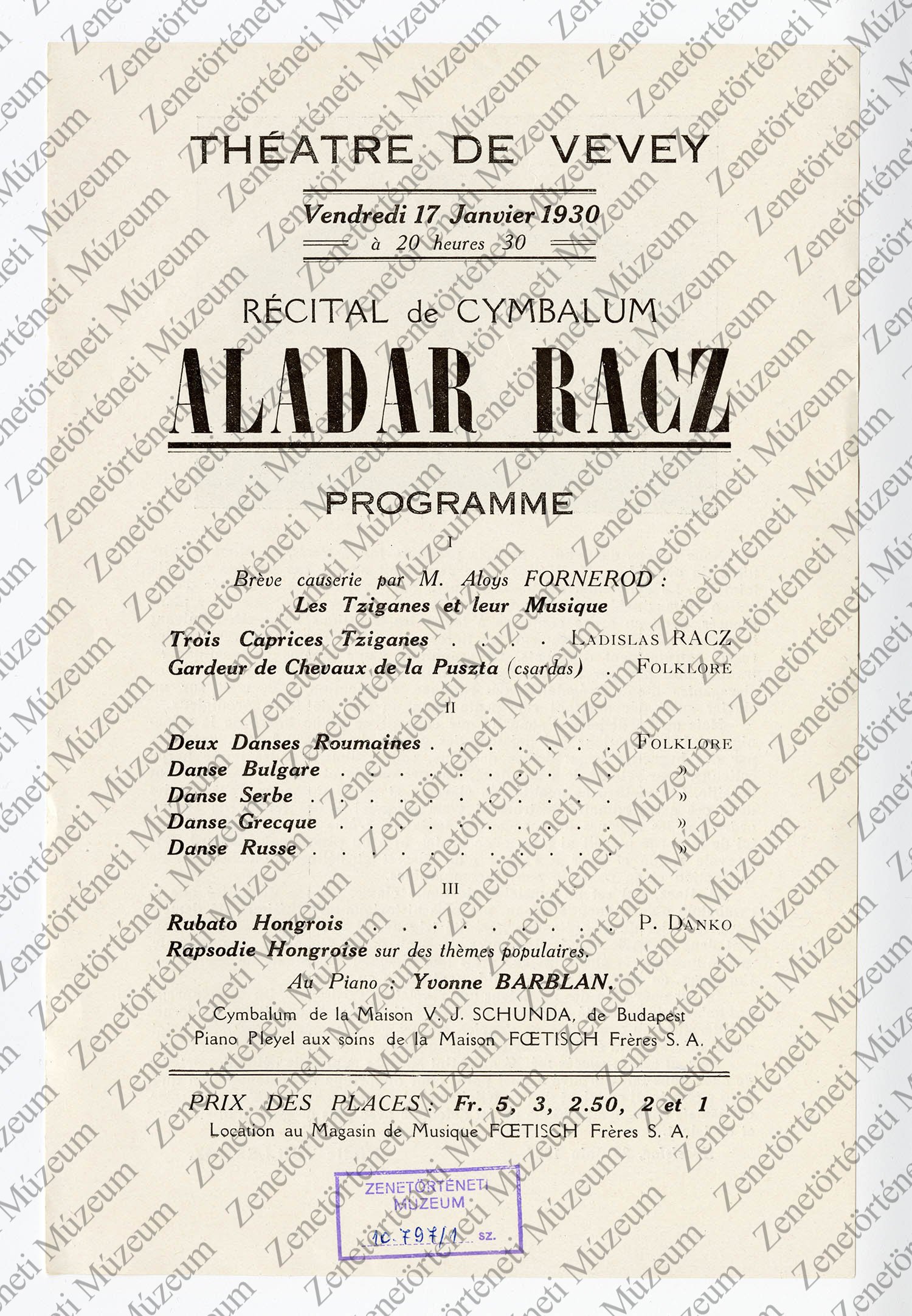 Rácz Aladár 1930. jan. 17-i a Théatre de Vevey-ben tartott koncertjének műsora (1) (Zenetörténeti Múzeum CC BY-NC-SA)