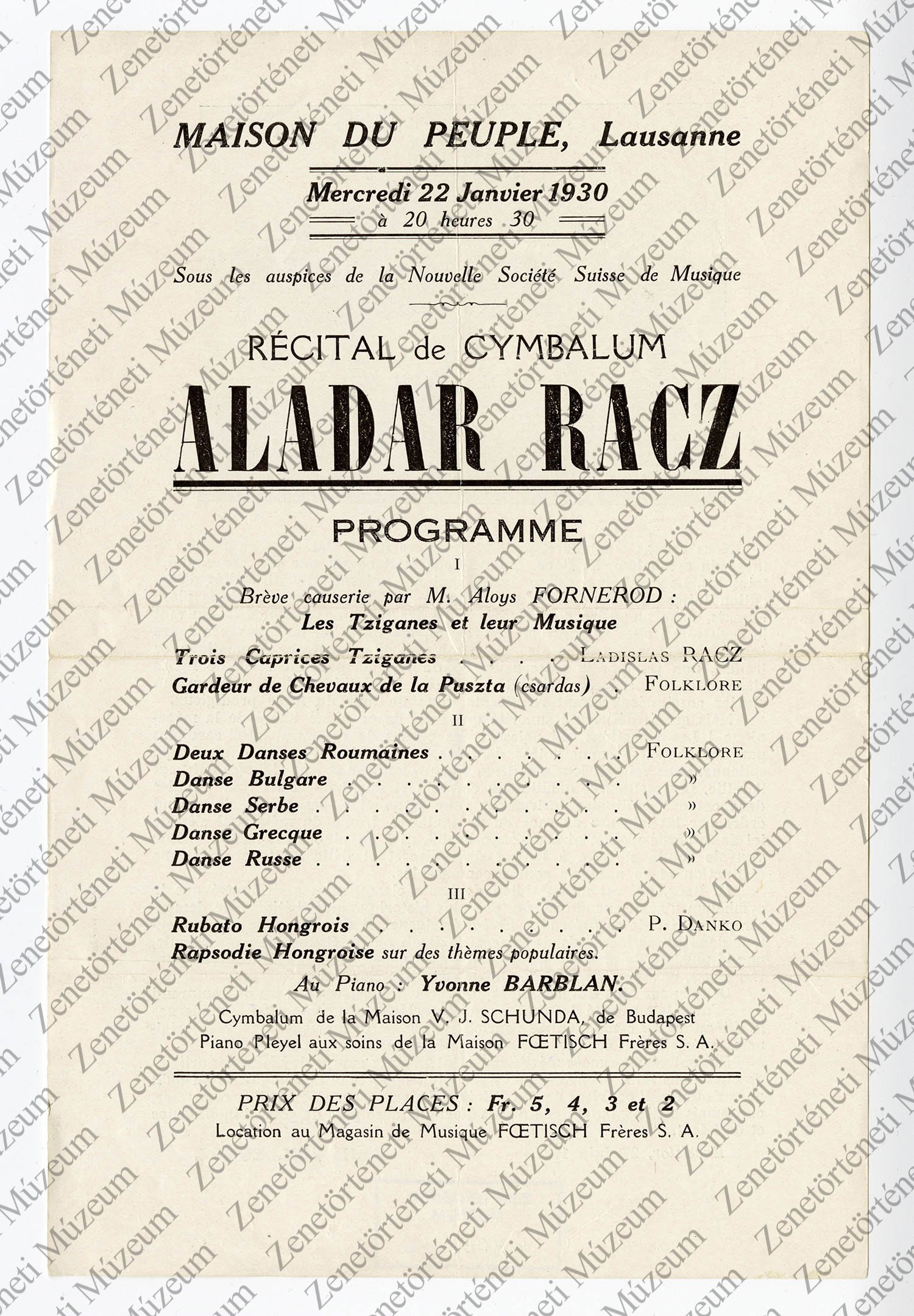 Rácz Aladár 1930. jan. 22-i a koncertjének műsora, Maison du Peuple, Lausanne (Zenetörténeti Múzeum CC BY-NC-SA)