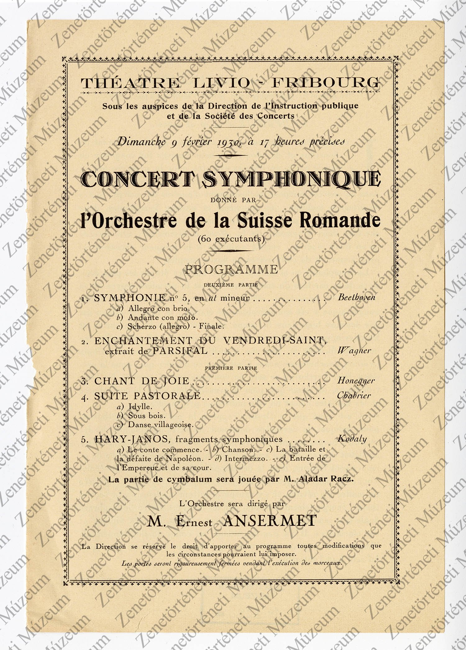 E. Ansermet és a l' Orchestre de la Suisse Ronande 1930 febr. 9-i koncertjének műsora (Zenetörténeti Múzeum CC BY-NC-SA)