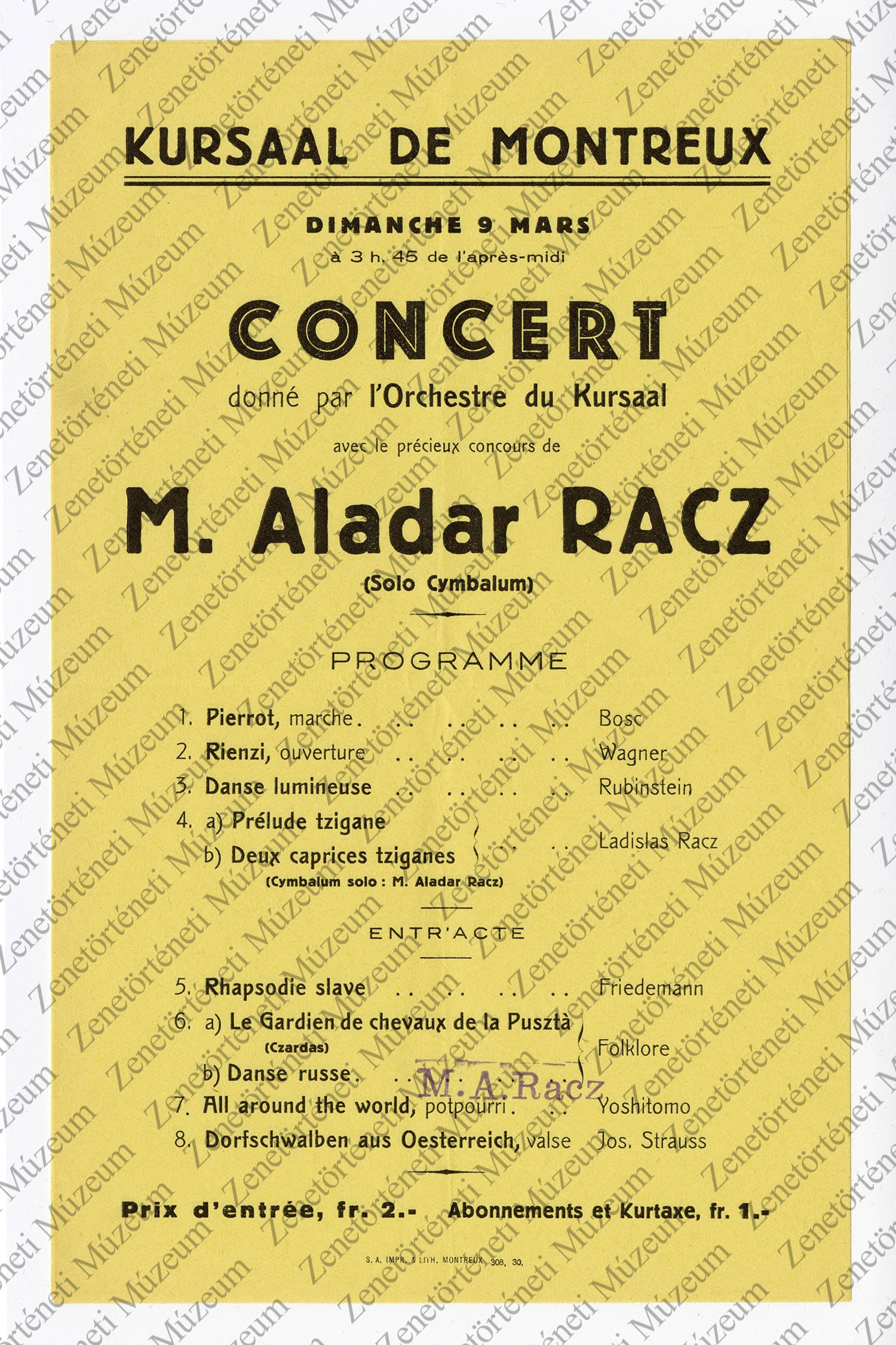 A Kursaal de Montreux-i zenekar 1930. márc. 9-i hangversenyének programja (Zenetörténeti Múzeum CC BY-NC-SA)