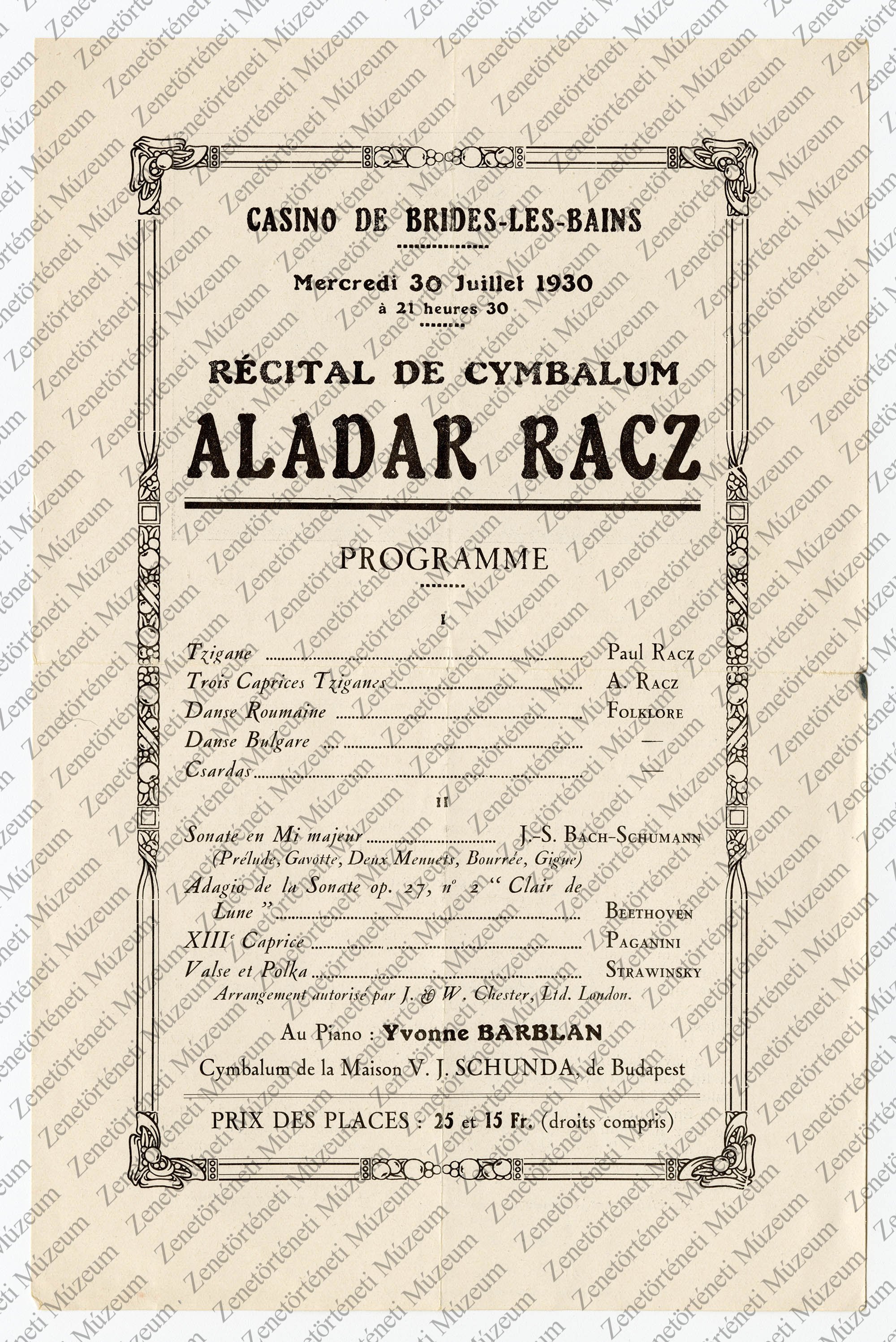 Rácz Aladár koncertjének műsorlapja, Casino de Brides-les-Bain 1930. júl. 30. (Zenetörténeti Múzeum CC BY-NC-SA)